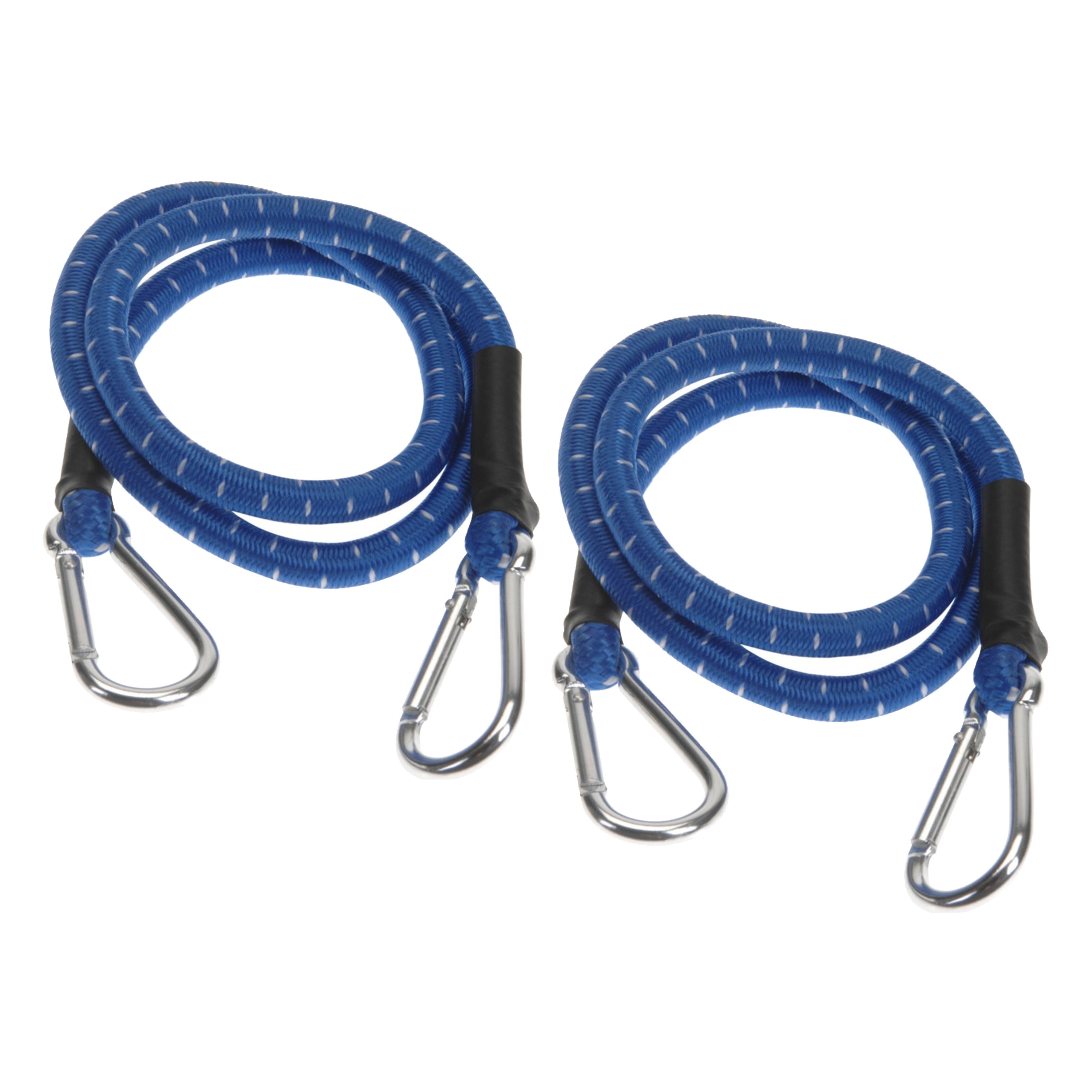 Bagage spin/spanelastiek voor fiets/auto - 2x - blauw - 80 cm - elastiek met karabijn haken -