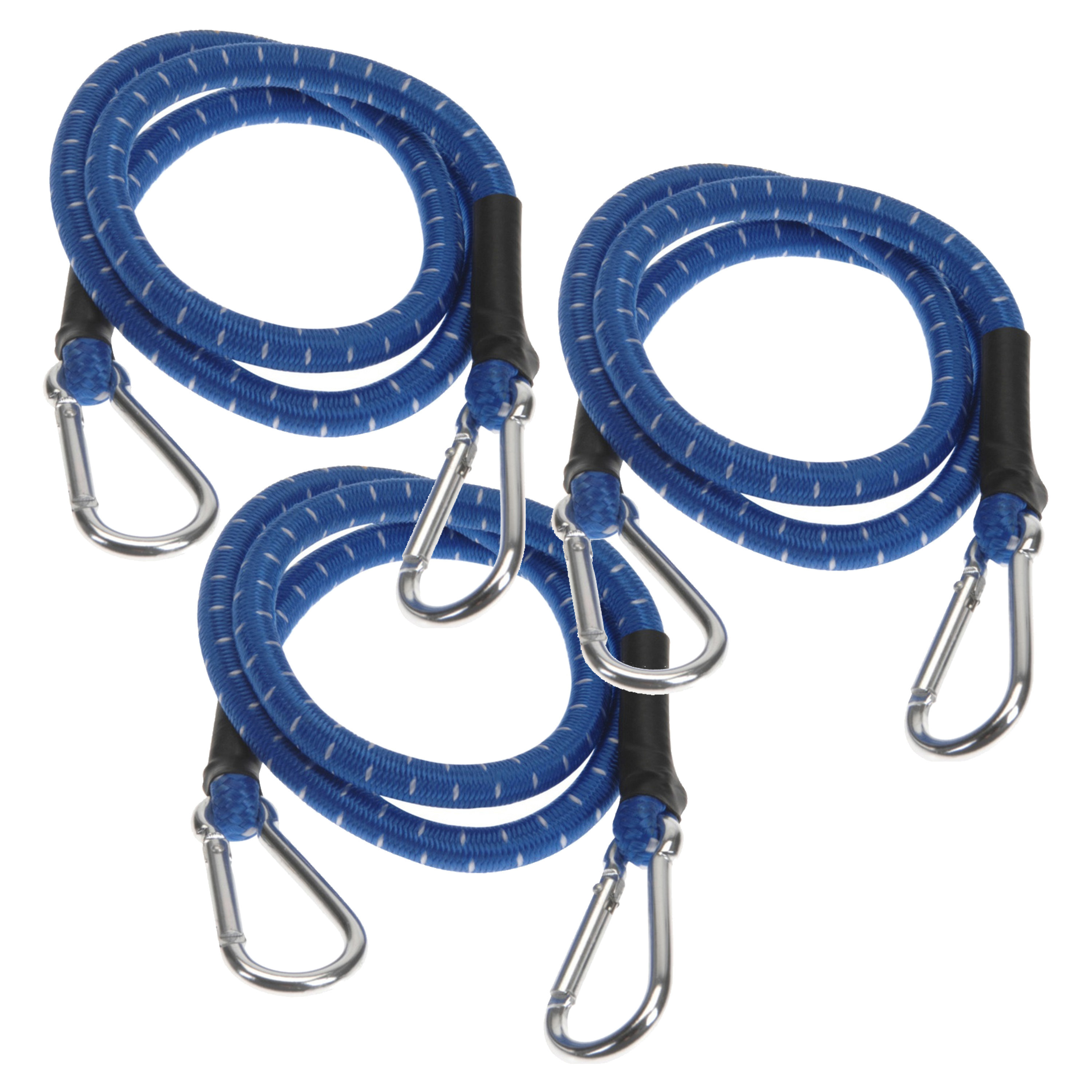 Bagage spin/spanelastiek voor fiets/auto - 3x - blauw - 80 cm - elastiek met karabijn haken -