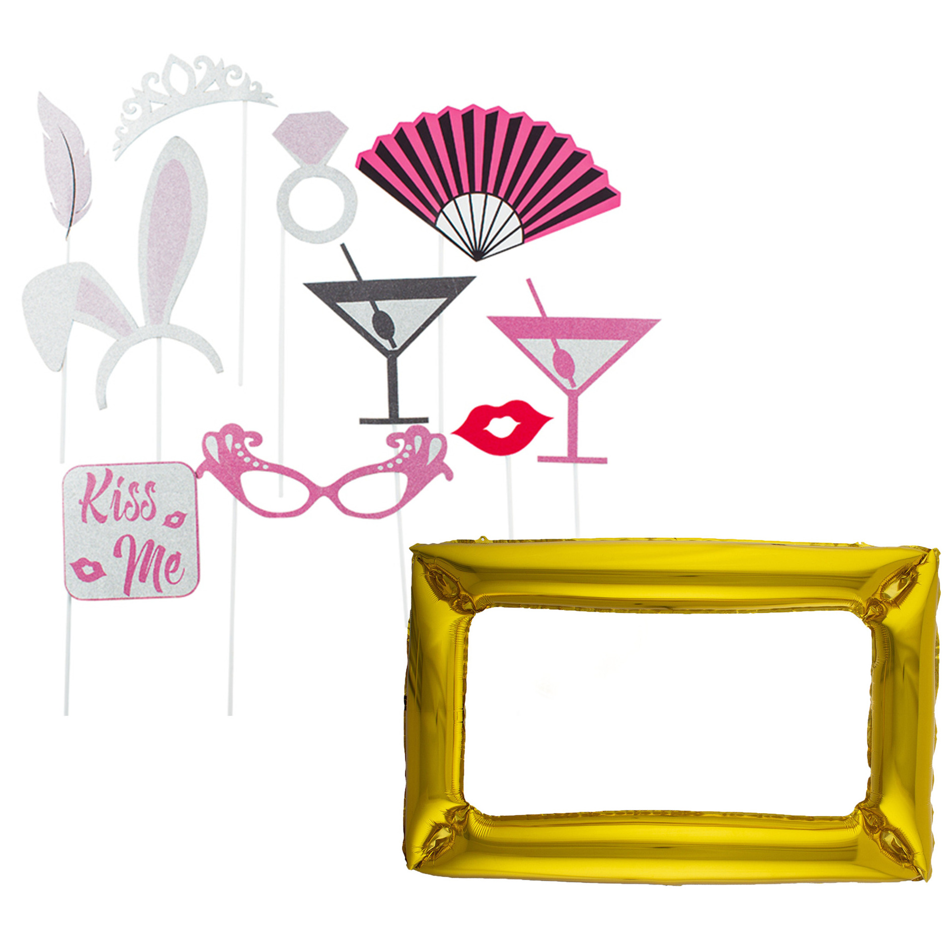 Bruiloft foto prop set - 11-delig - glitter - trouwen/vrijgezellenfeest - photo booth accessoires -