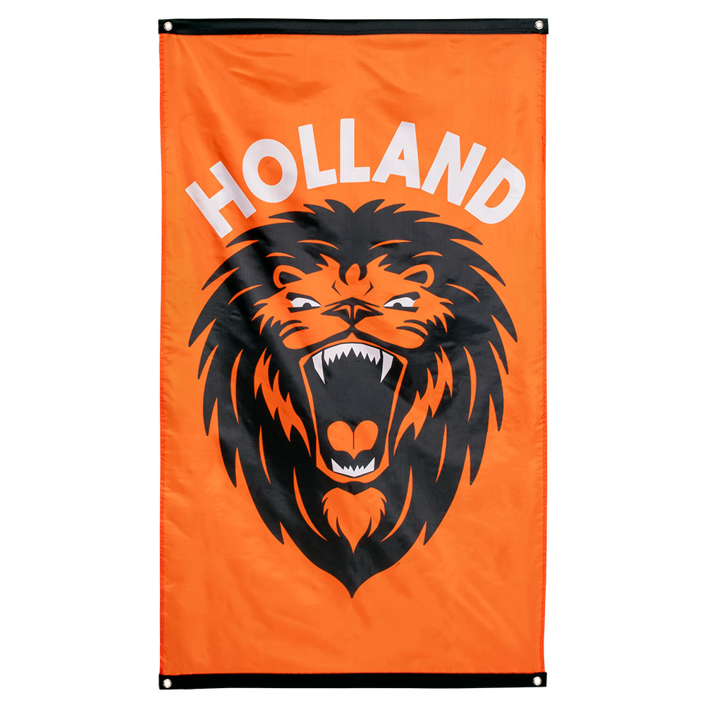 Gevelvlag met brullende leeuw print - 90 x 150 cm - polyester - oranje - Nederlands team versiering -