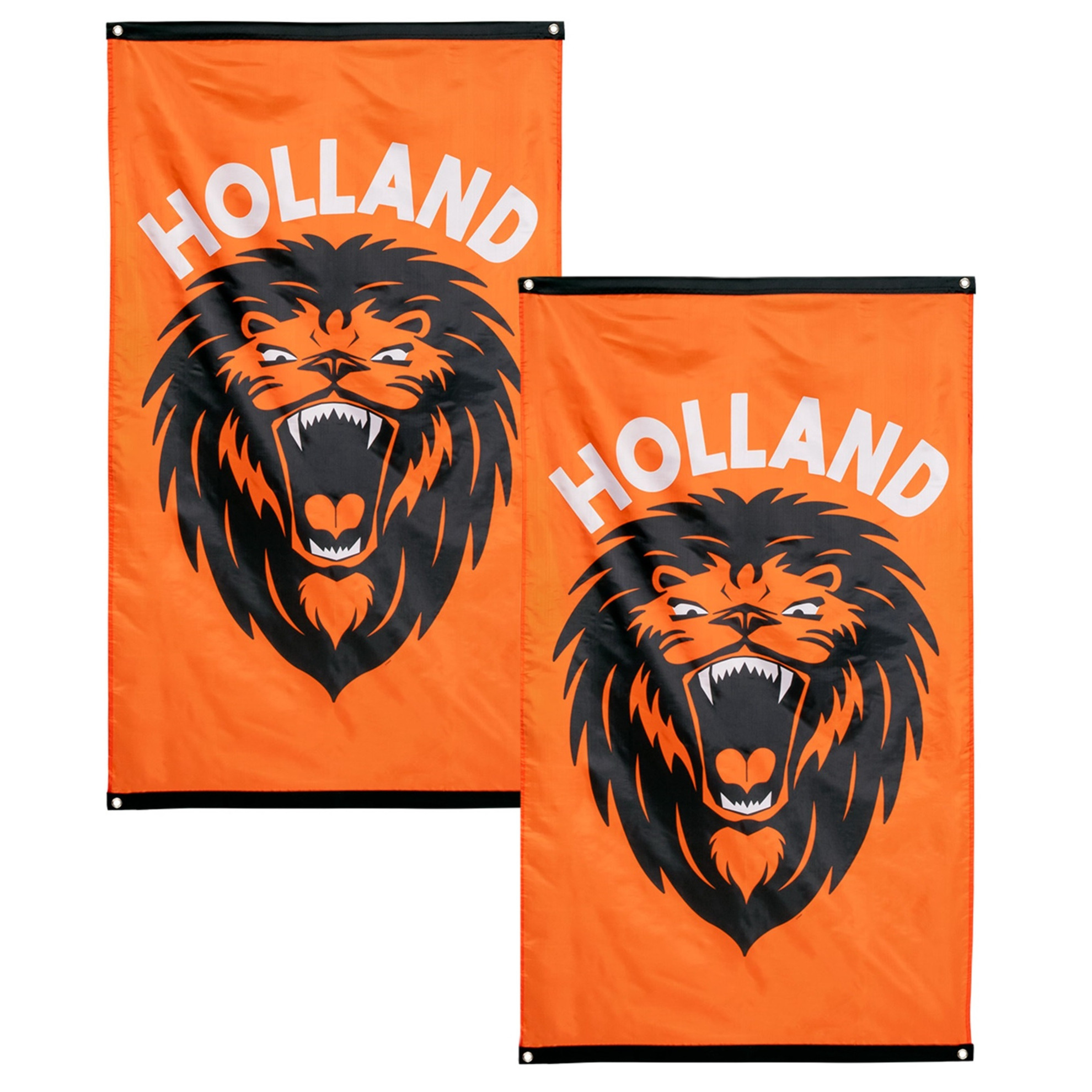 Gevelvlag met brullende leeuw print - 2x - 90 x 150 cm - polyester - oranje - Nederlands team versie -