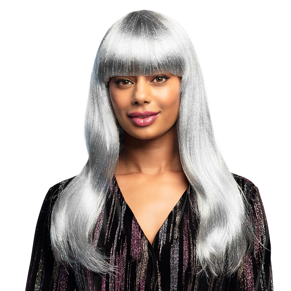 Verkleedpruik voor dames - zilver/wit - glitter and glamour/prinses/disco - Carnaval - lang haar -