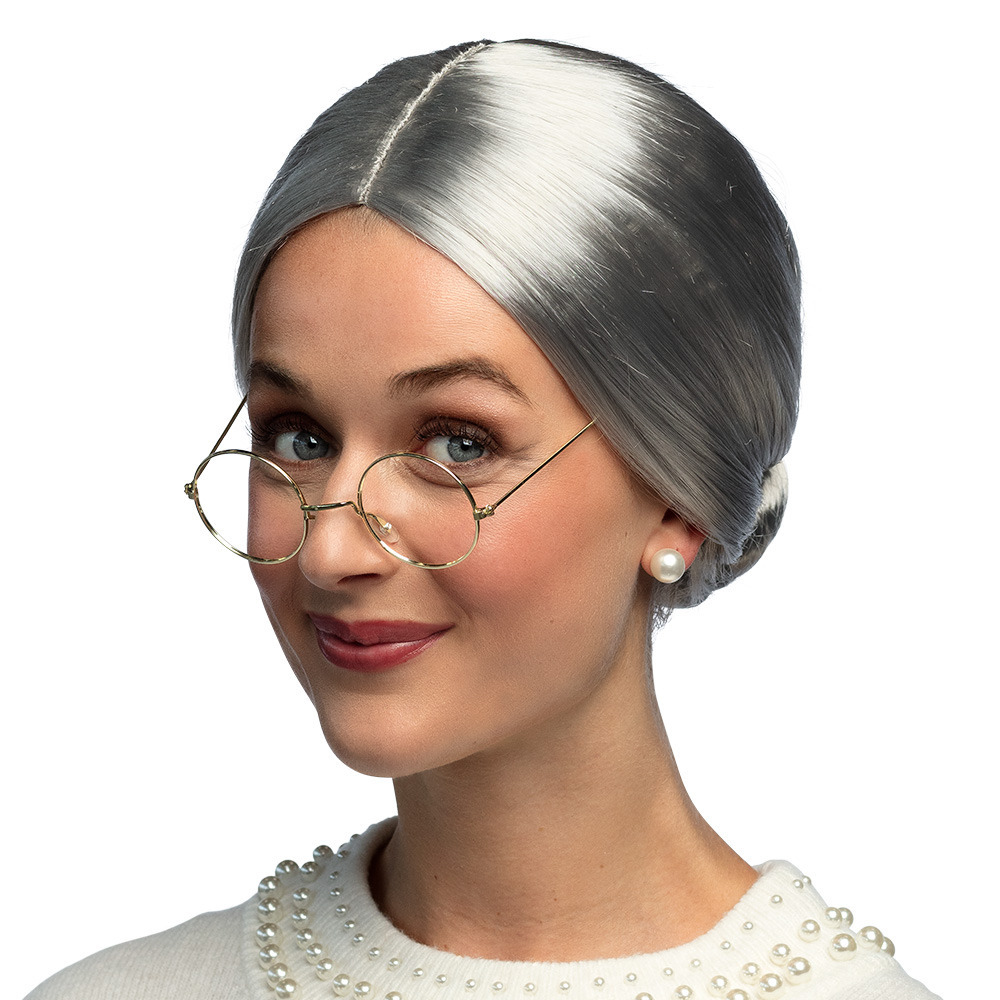 Verkleedpruik voor dames - grijs - Oma/sara/bejaarde - Carnaval - kort haar - knotje -