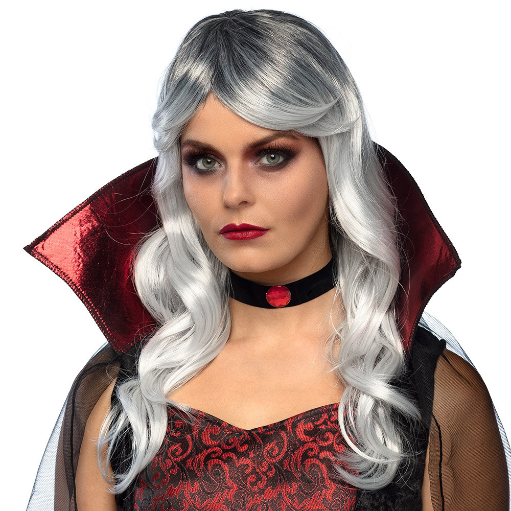 Verkleedpruik voor dames - grijs - dark queen/Vampier/fantasy - Carnaval - lang haar - met -