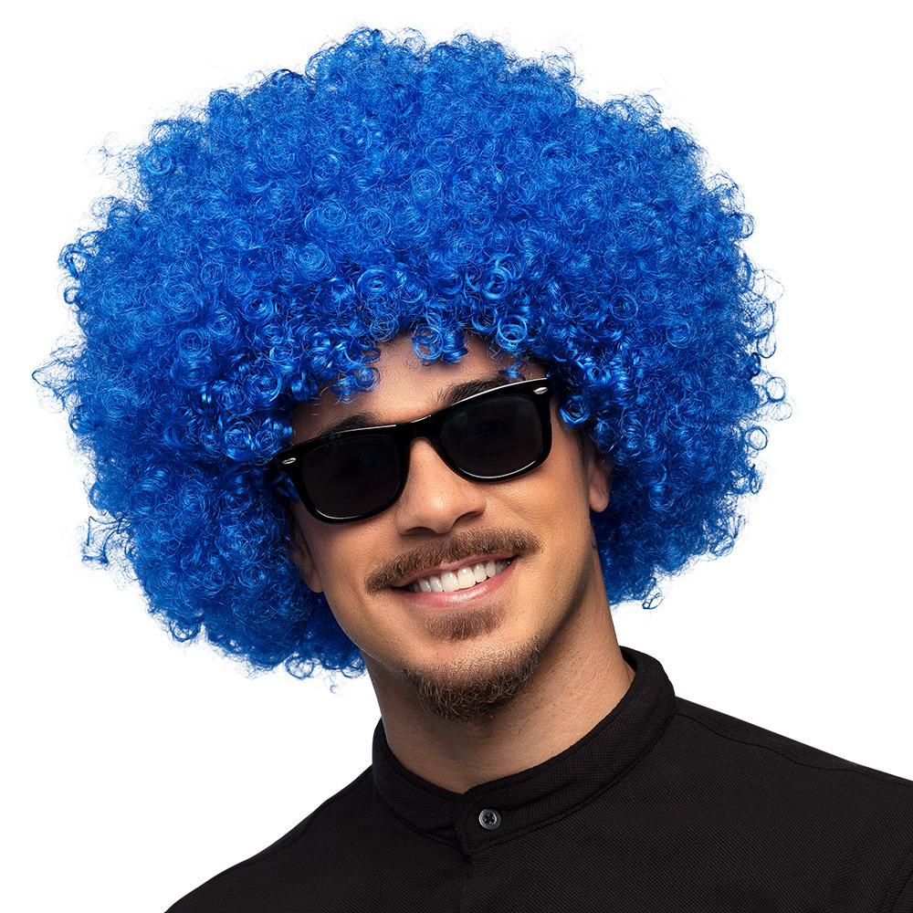 Verkleedpruik dames/heren - blauw - Seventies/eighties/sixties - Carnaval - kort krullend haar -