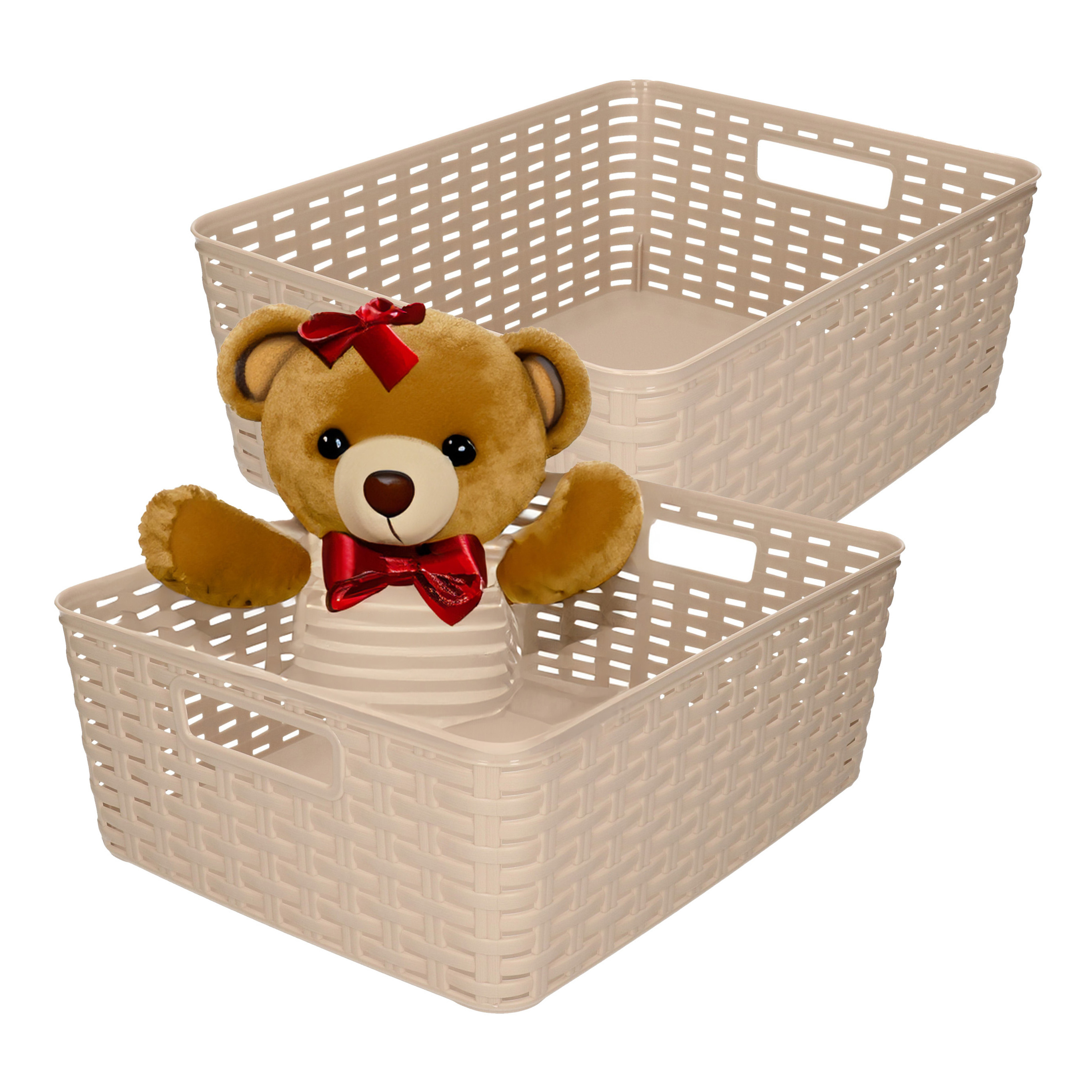 Opbergmand - 2x - Kastmand - rotan kunststof - taupe - 12 Liter - 30 x 37 x 13 cm -