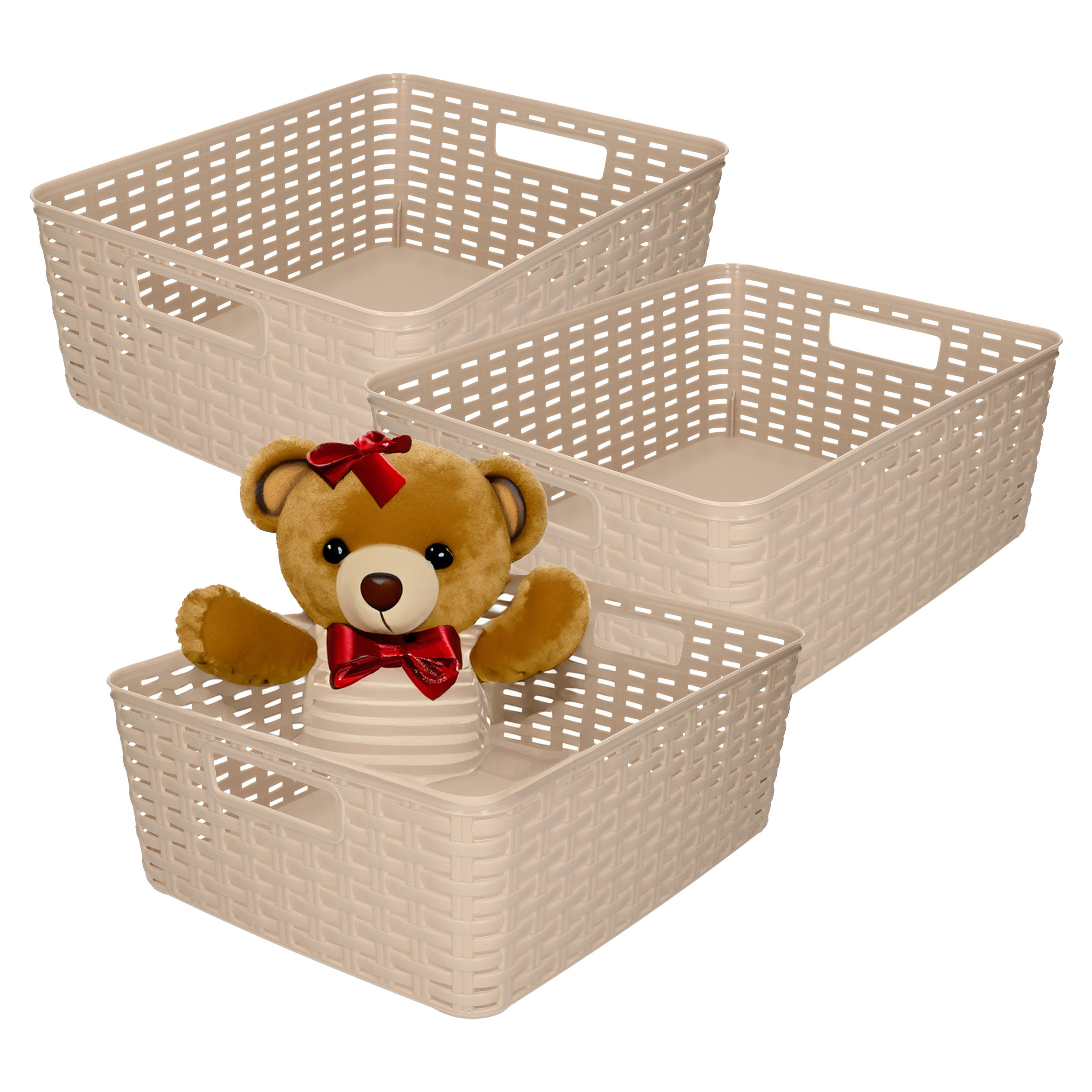 Opbergmand - 3x - Kastmand - rotan kunststof - taupe - 12 Liter - 30 x 37 x 13 cm -