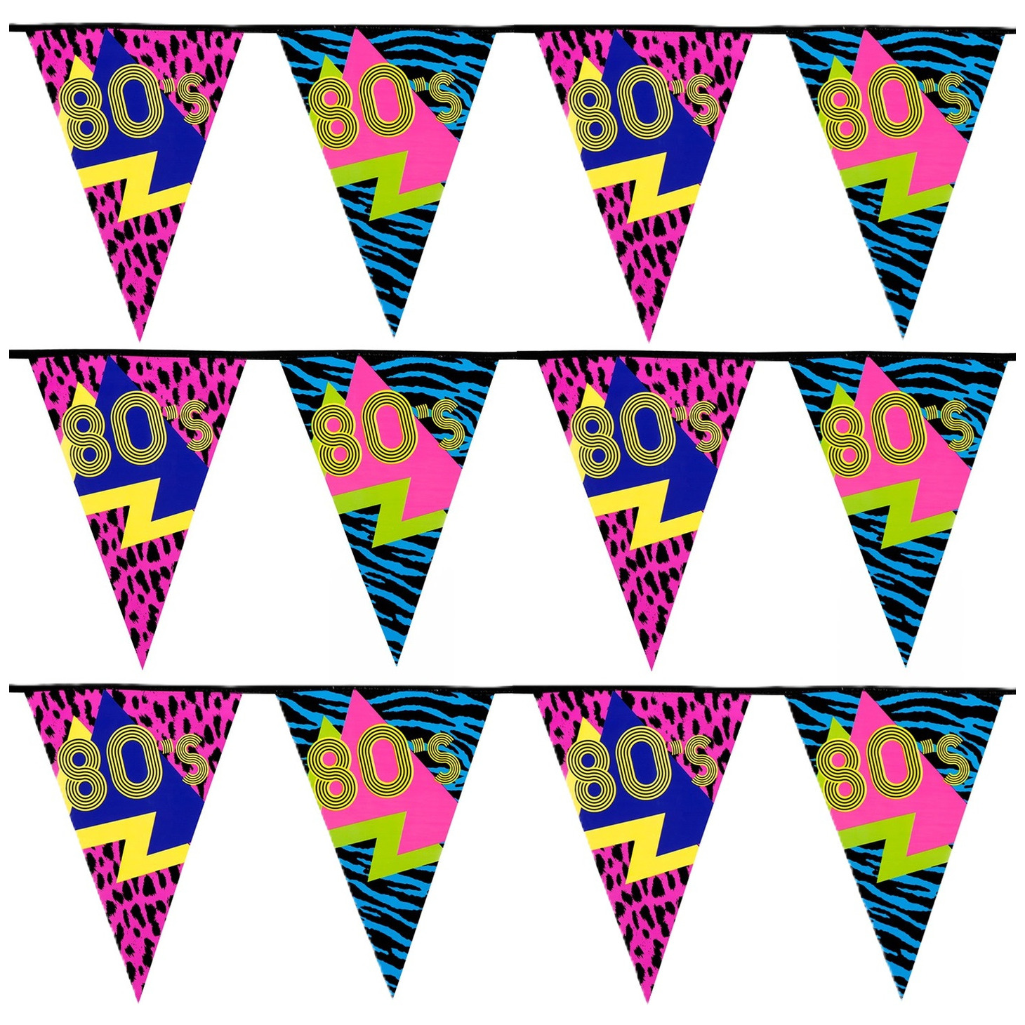 Vlaggenlijn slinger met Eighties print - 3x - 600 cm - polyester - Jaren 80/eighties thema -