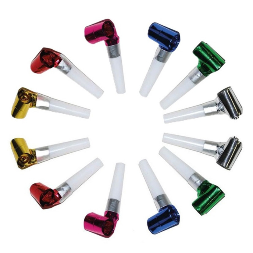 Blaas toeters - roltongen party toetertjes - 48x stuks - Metallic kleuren - papier -