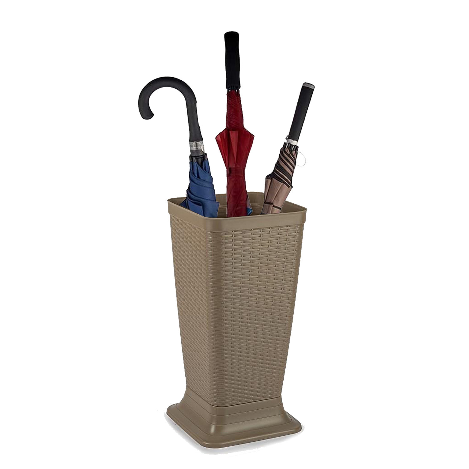 Paraplubak/parapluhouder - beige - rotan gevlochten kunststof - D26 x H52 cm - verhoogde voet -