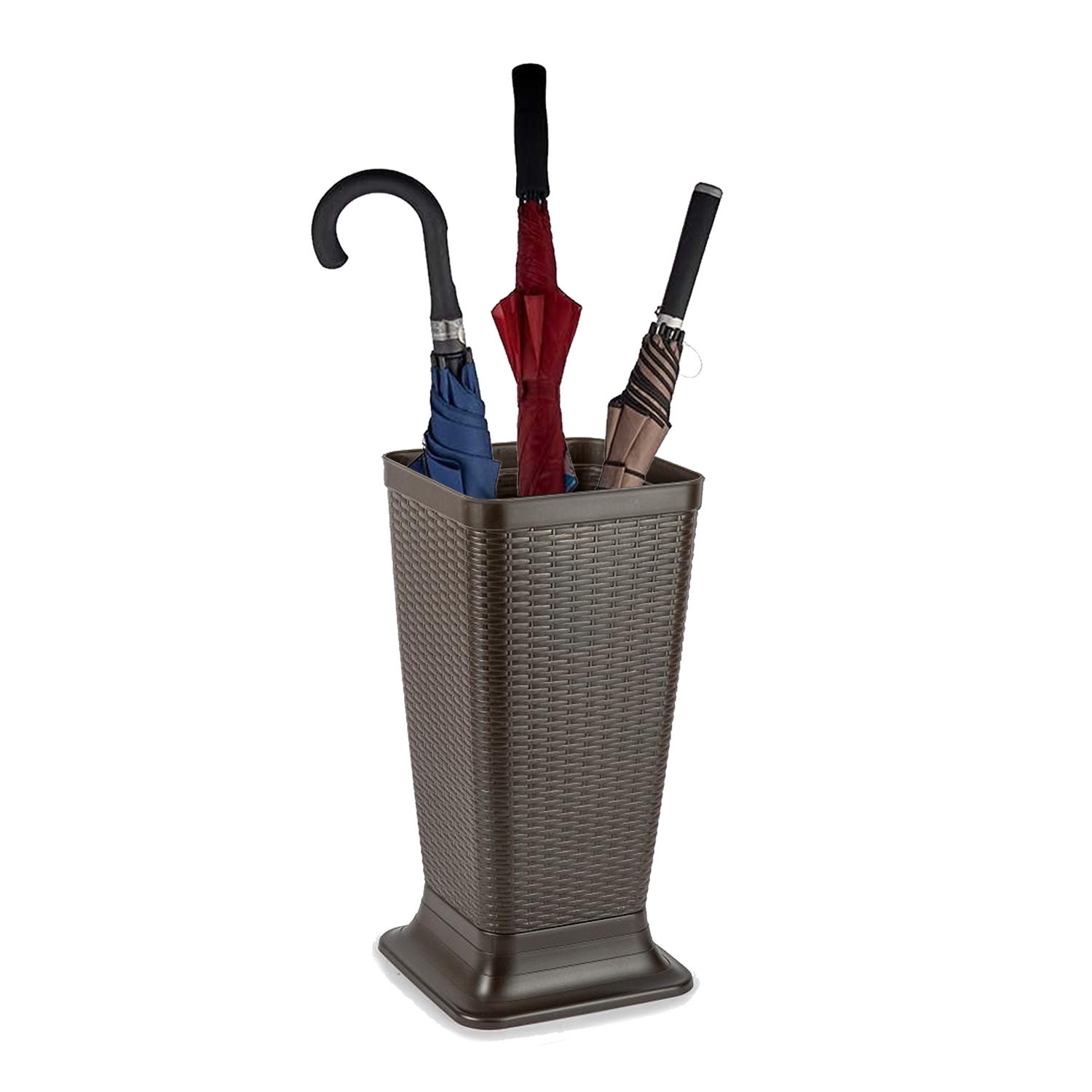 Paraplubak/parapluhouder - bruin - rotan gevlochten kunststof - D26 x H52 cm - verhoogde voet -
