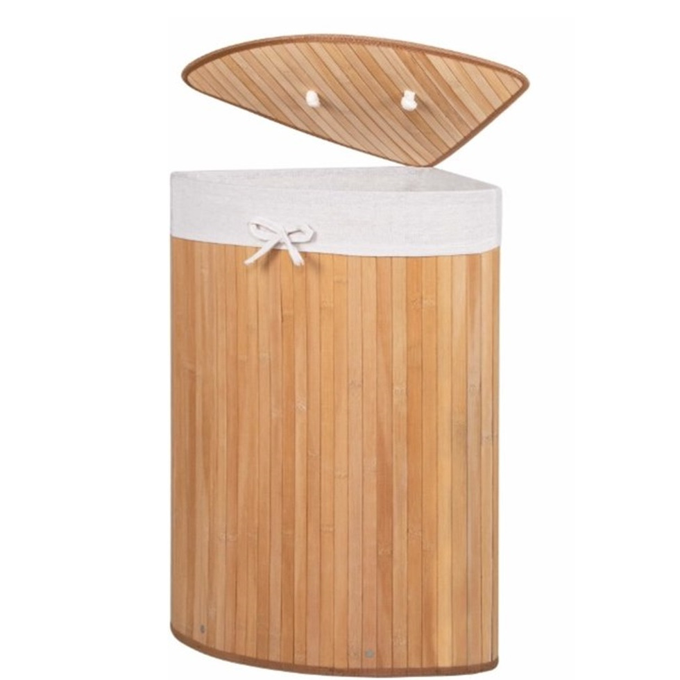 Wasmand - bamboe hout - met deksel -hoek model - naturel - 35 x 35 x 60 cm - 70 liter -