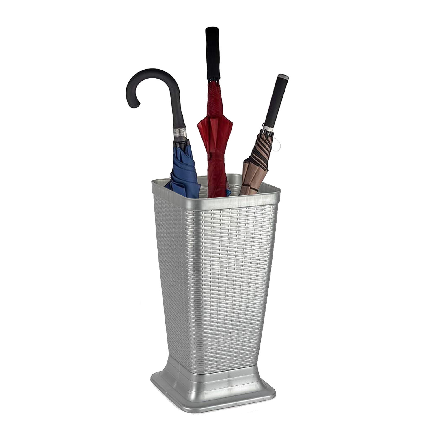 Paraplubak/parapluhouder - zilvergrijs - rotan gevlochten kunststof - D26 x H52 cm - verhoogde voet -