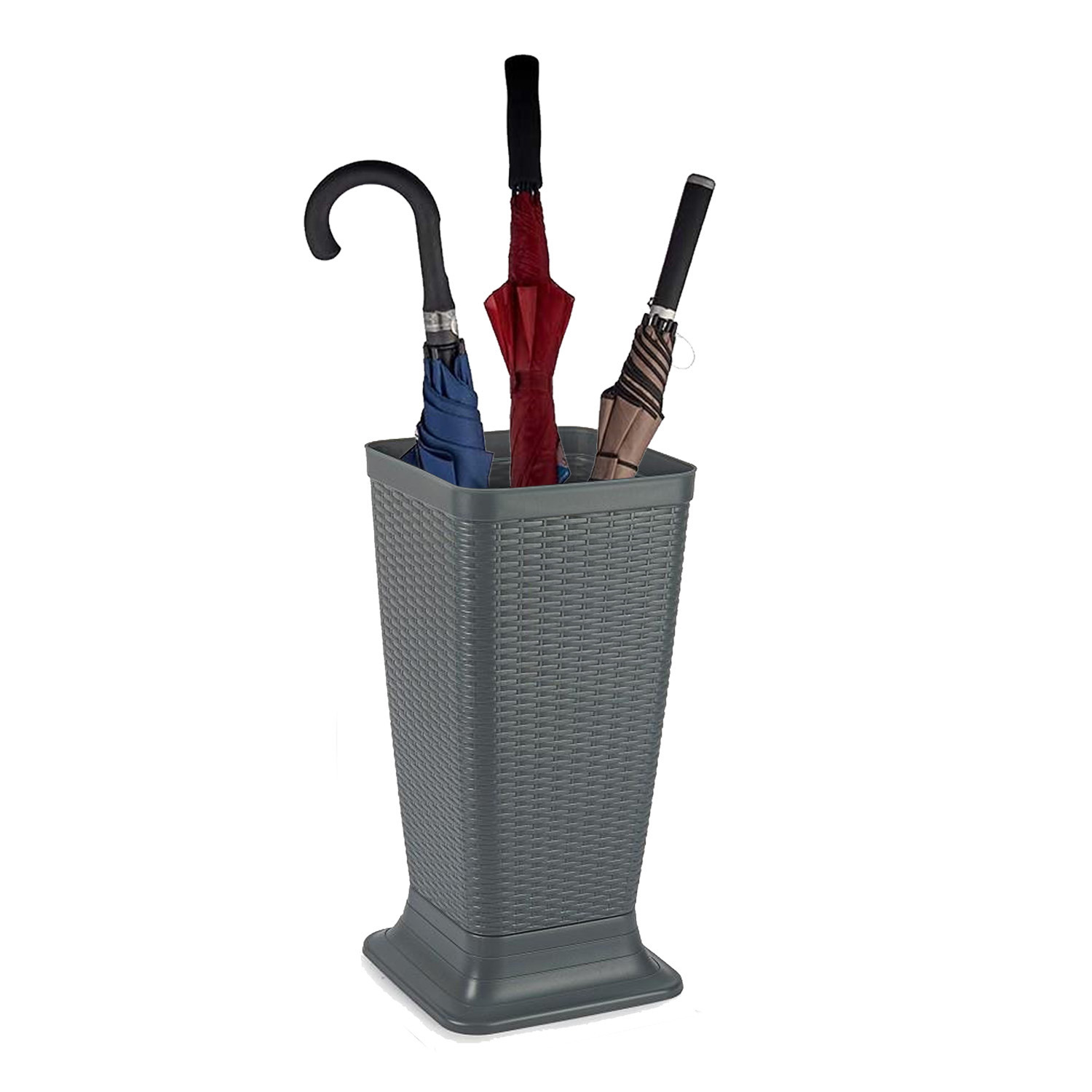 Paraplubak/parapluhouder - grijs - rotan gevlochten kunststof - D26 x H52 cm - verhoogde voet -