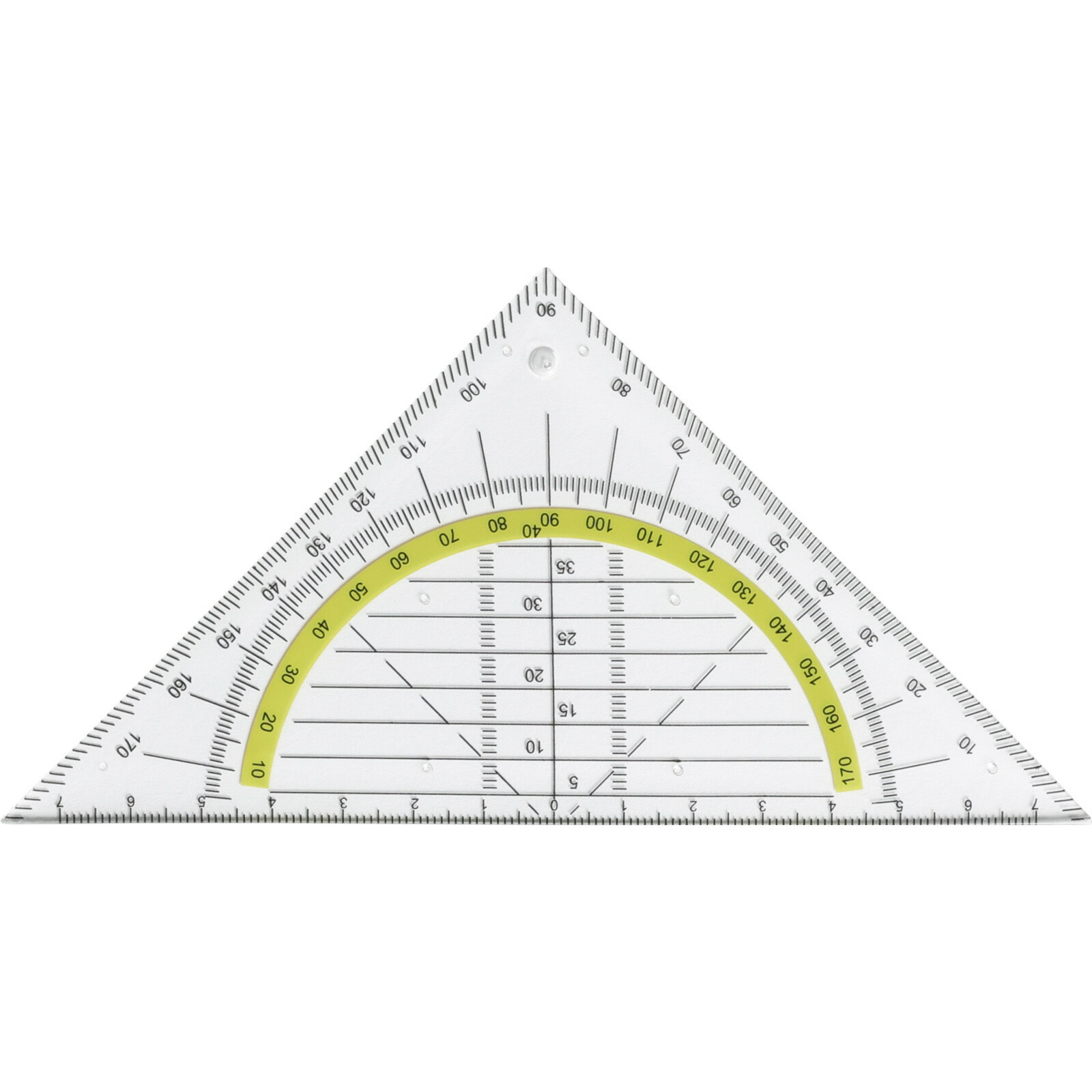 Geodriehoek Triangle met liniaal en gradenboog - set 3x stuks - kunststof - 14 x 9 cm -