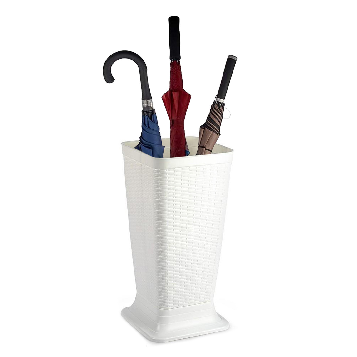 Paraplubak/parapluhouder - ivoor wit - rotan gevlochten kunststof - D26 x H52 cm - verhoogde voet -