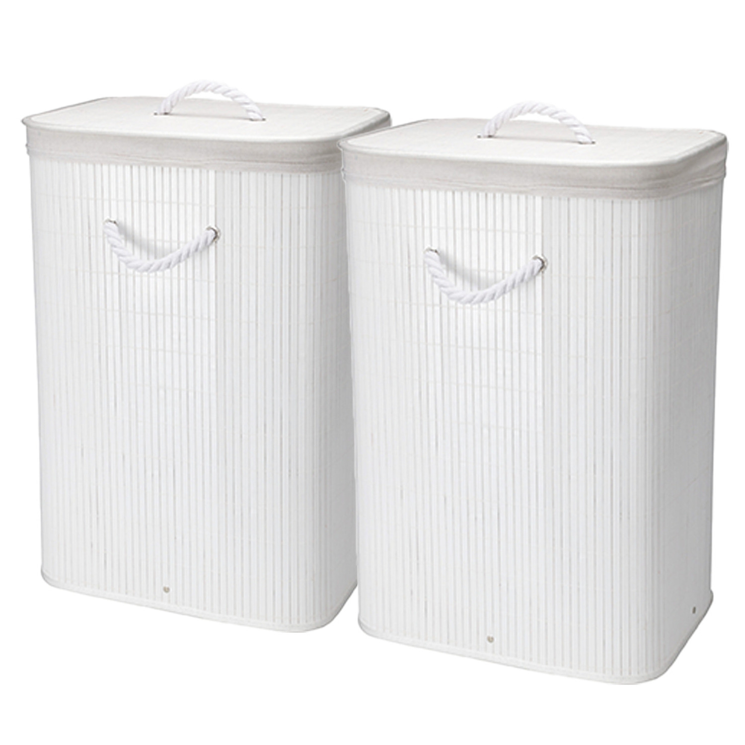 Wasmand - 2x - bamboe hout - met deksel - rechthoekig - wit - 40 x 30 x 60 cm - 70 liter -
