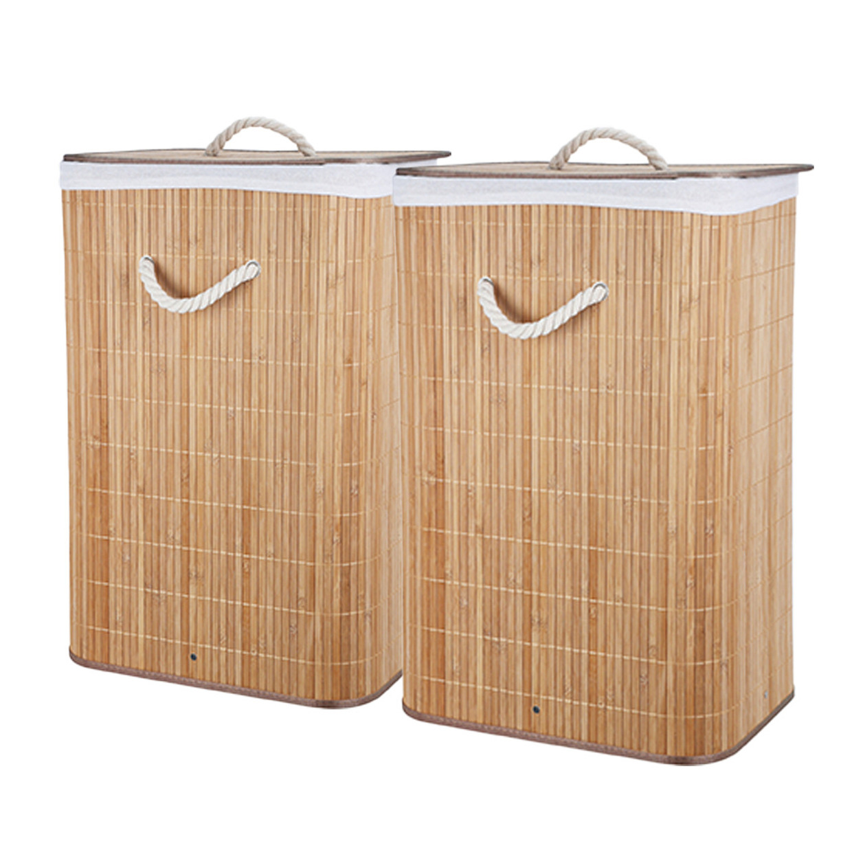 Wasmand - 2x - bamboe hout - met deksel - rechthoekig - naturel - 40 x 30 x 60 cm - 70 liter -