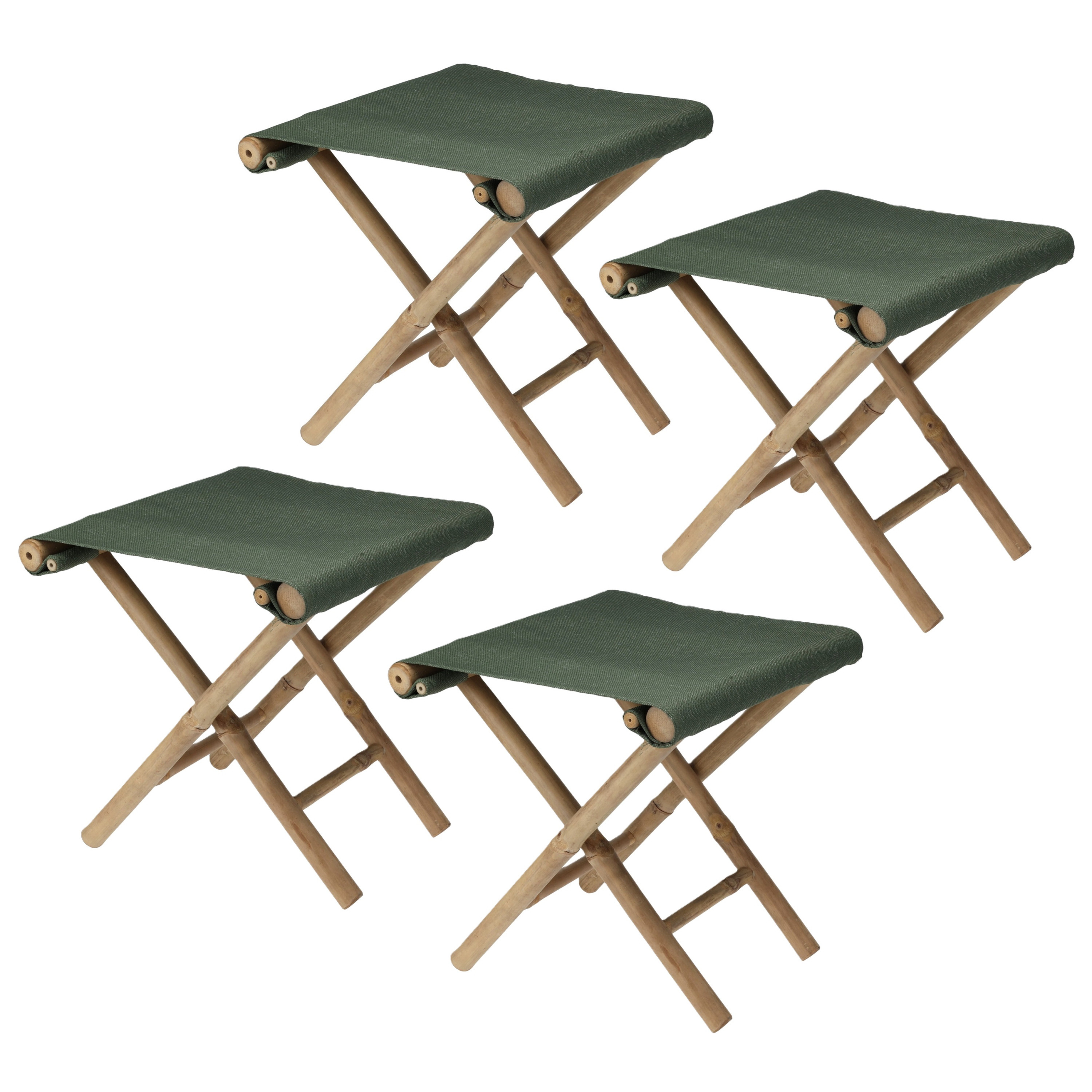 Bijzet krukje/stoel - 4x - Inklapbaar - army groen - vouwkruk - bamboe/polyester - 40 x 40 cm -