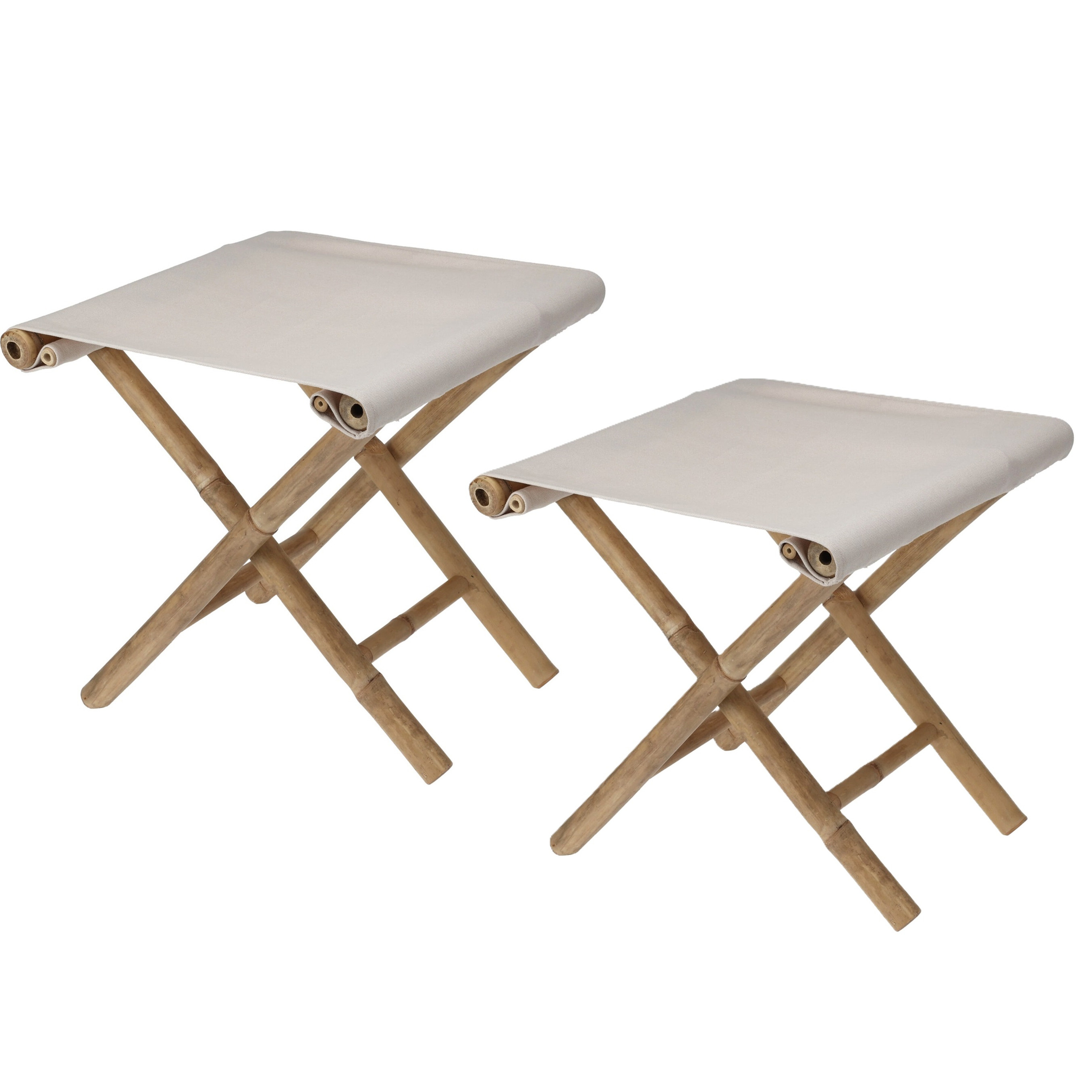 Bijzet krukje/stoel - 2x - Inklapbaar - creme wit - vouwkruk - bamboe/polyester - 40 x 40 cm -