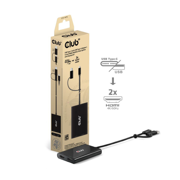 Club 3D USB-C naar 2x HDMI Video splitter met DisplayLink hdmi splitter Met USB-A Adapter