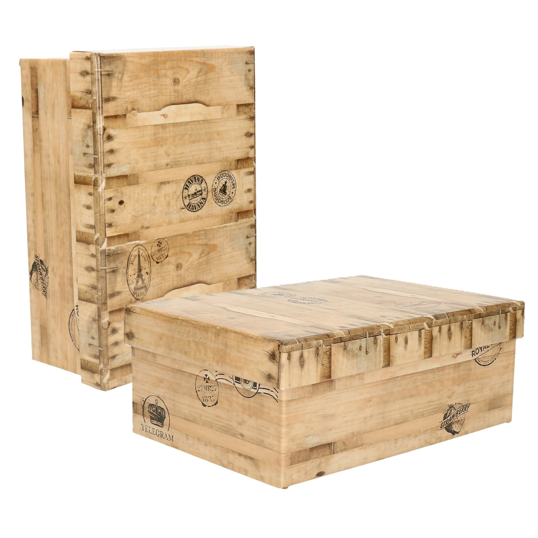 5Five Opbergdoos/box - 2x - houtkleur - L28 x B19 x H10 cm - Stevig karton - Woodybox -