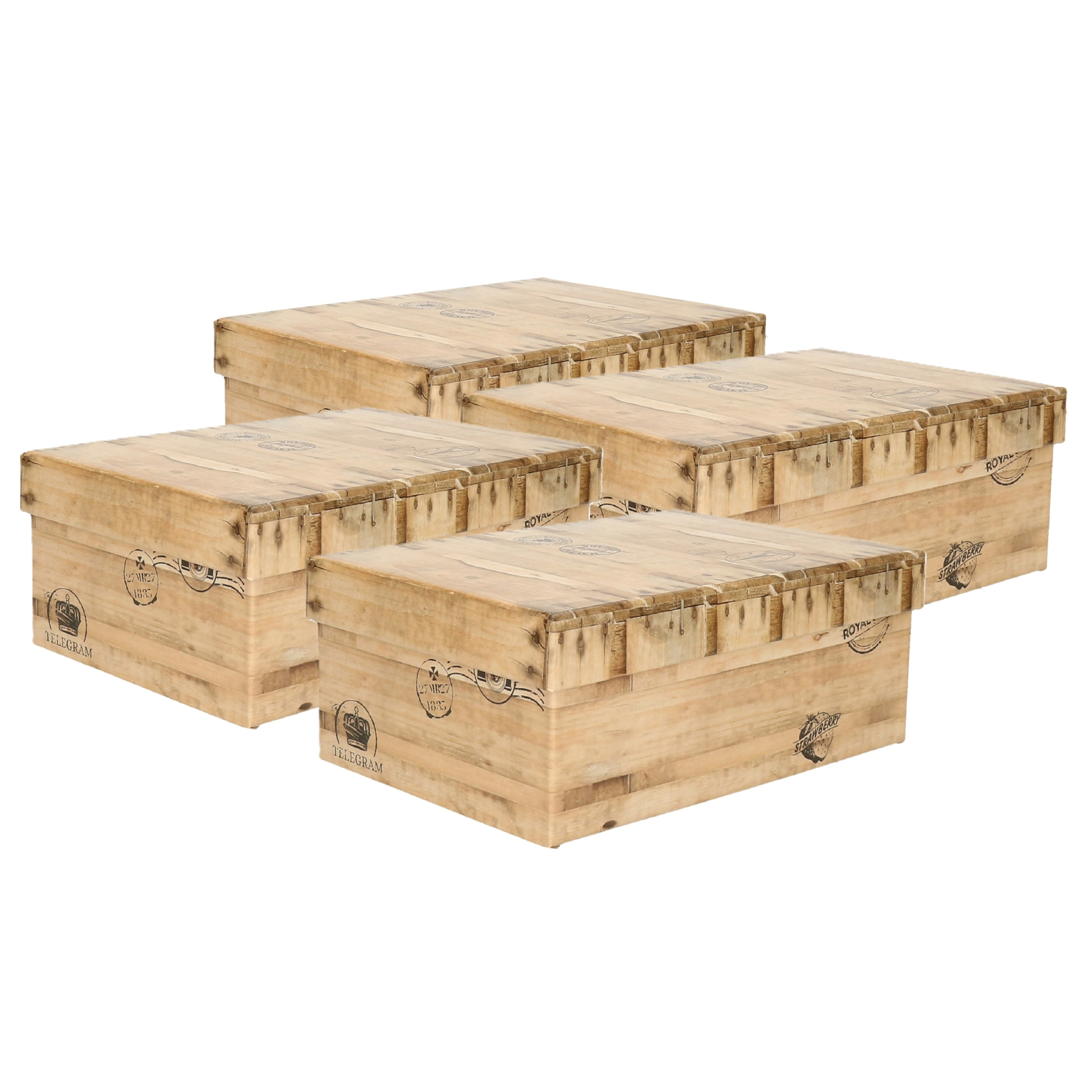 5Five Opbergdoos/box - 4x - houtkleur - L28 x B19 x H10 cm - Stevig karton - Woodybox -