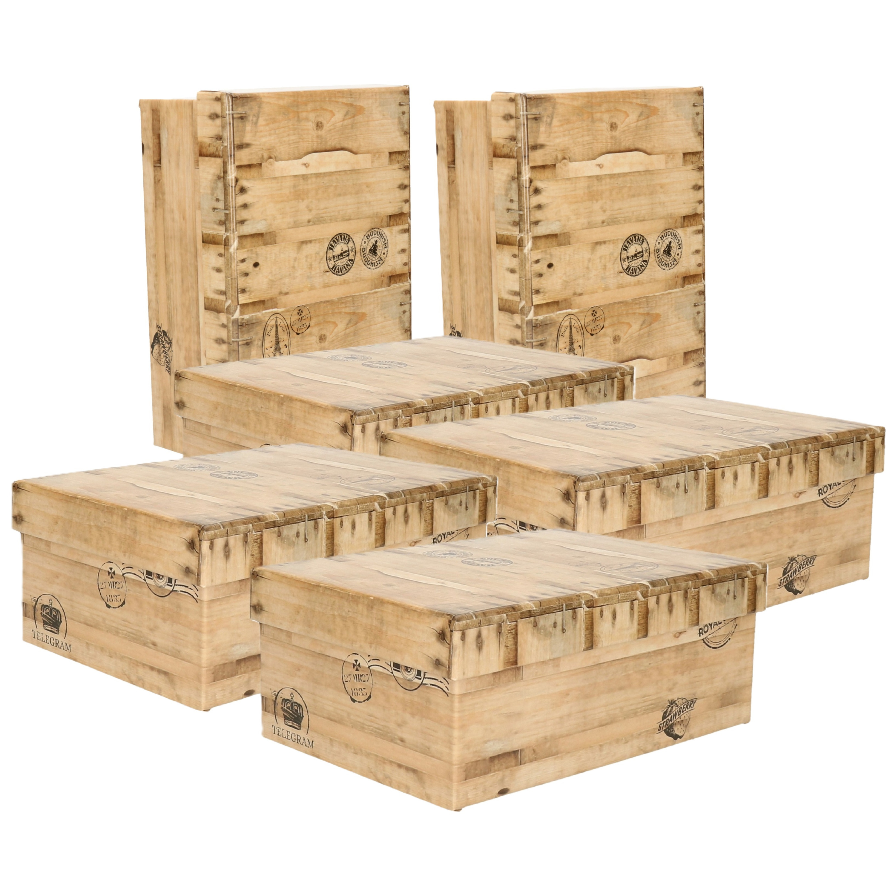 5Five Opbergdoos/box - 6x - houtkleur - L28 x B19 x H10 cm - Stevig karton - Woodybox -