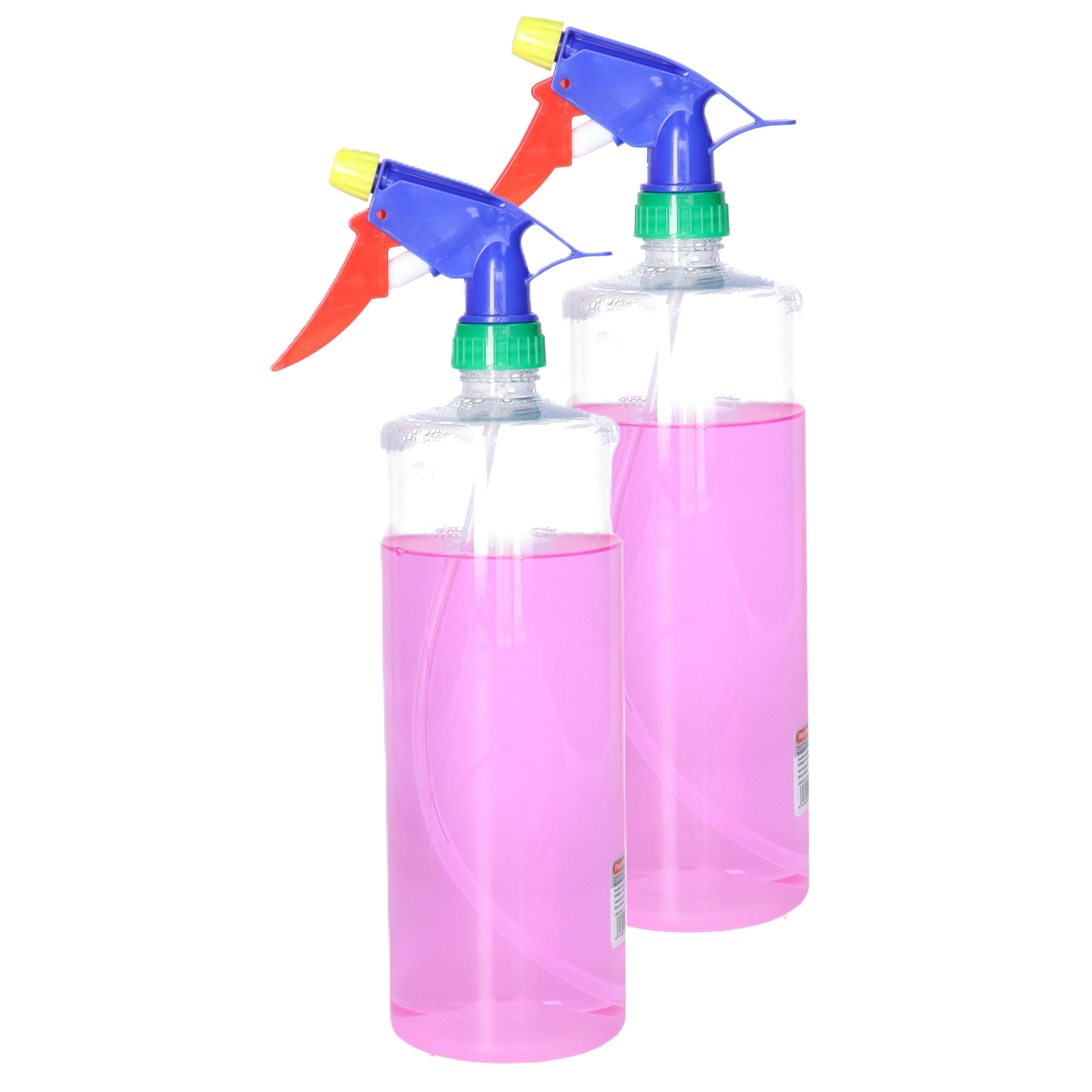 Plantenspuit met een inhoud van 1000 ml - 2x - transparant - verstuiver kop multi kleuren - 30 cm - -
