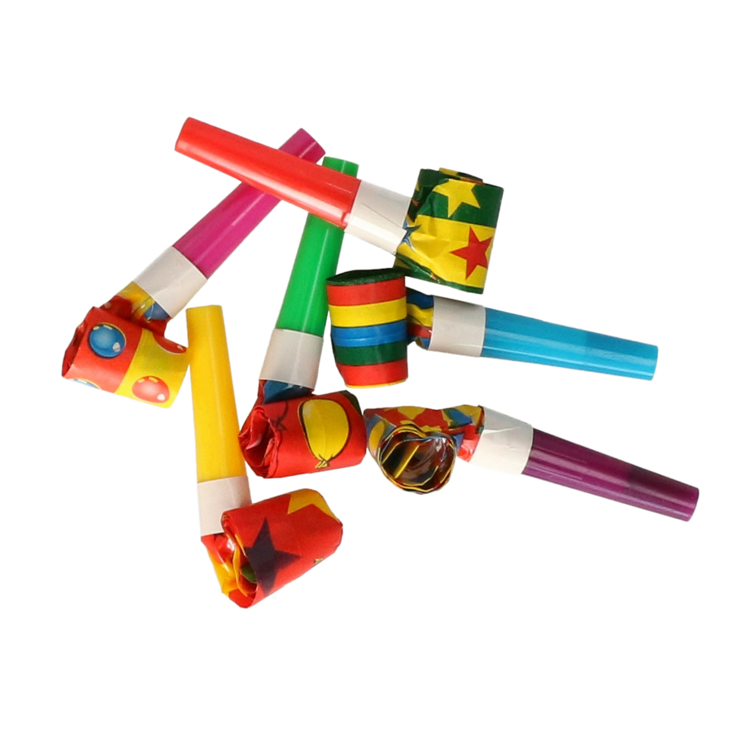 Blaas toeters - roltongen mini party toetertjes - 24x stuks - mix kleuren - papier -