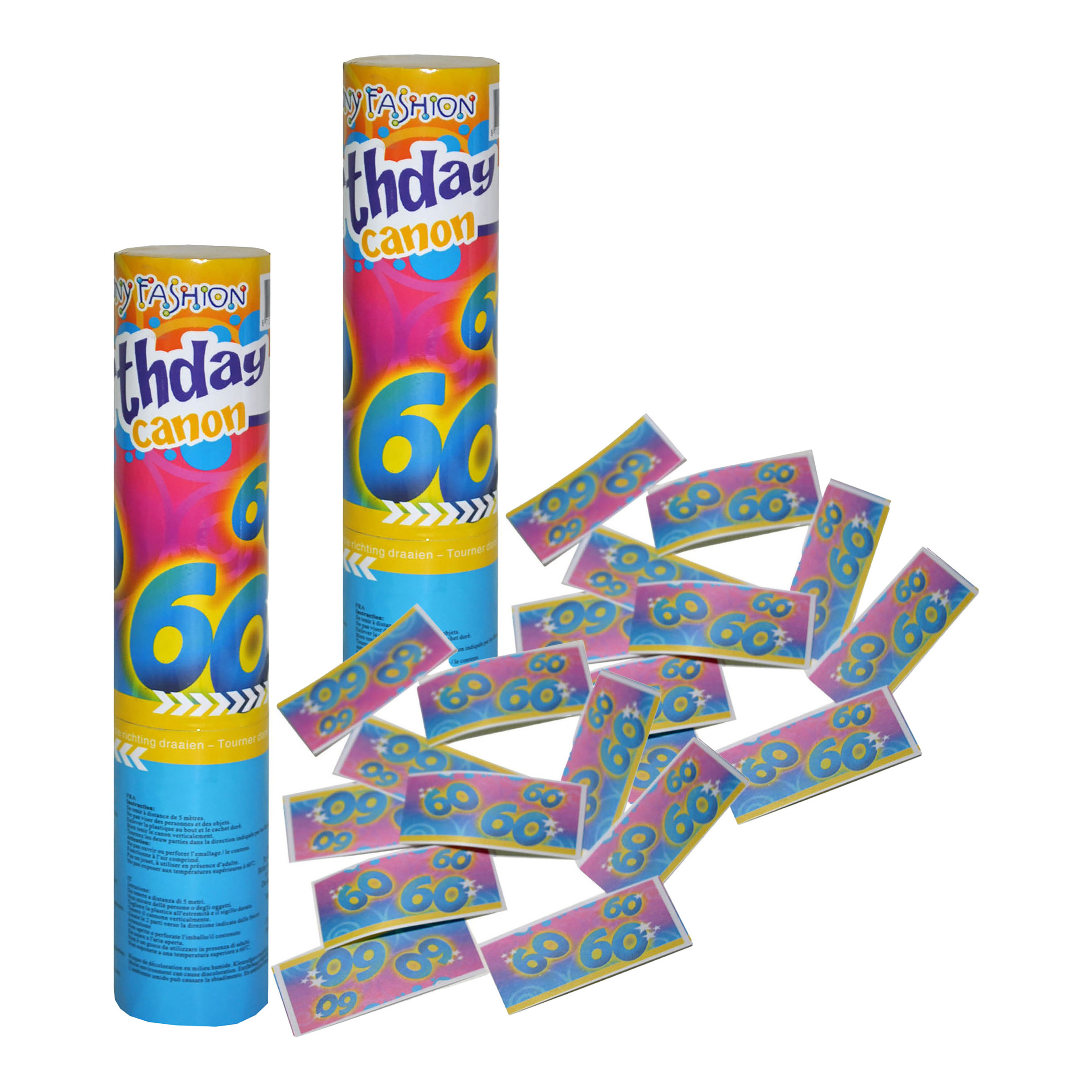 Party popper/confetti shooter - 2x - verjaardag 60 jaar - papier - multi kleuren - 20 cm -