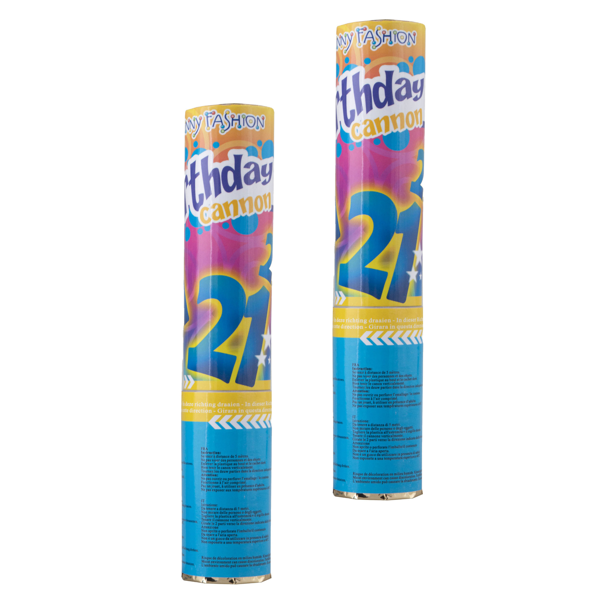Party popper/confetti shooter - 2x - verjaardag 21 jaar - papier - multi kleuren - 20 cm -