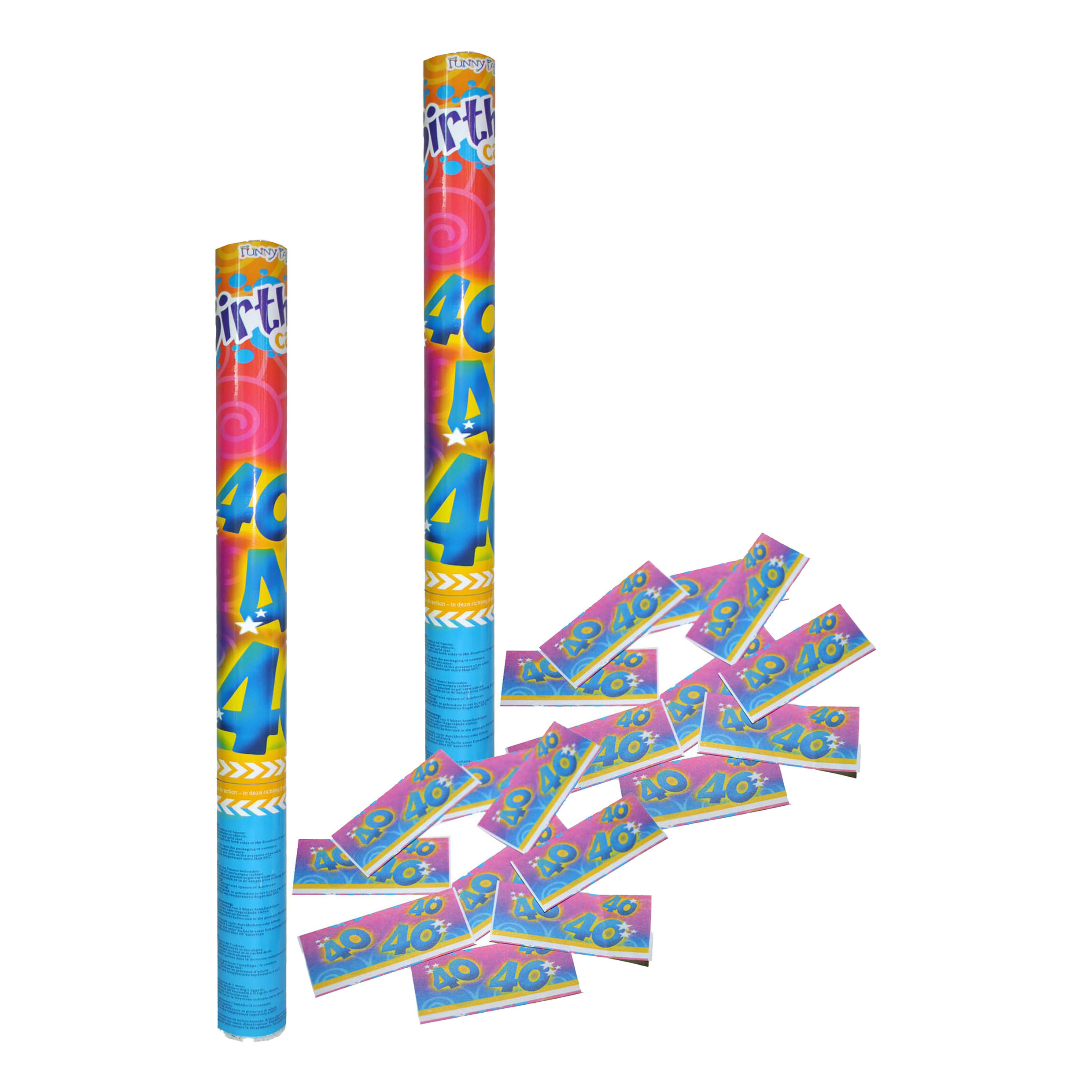 Party popper/confetti shooter - 2x - verjaardag 40 jaar - papier - multi kleuren - 59 cm -