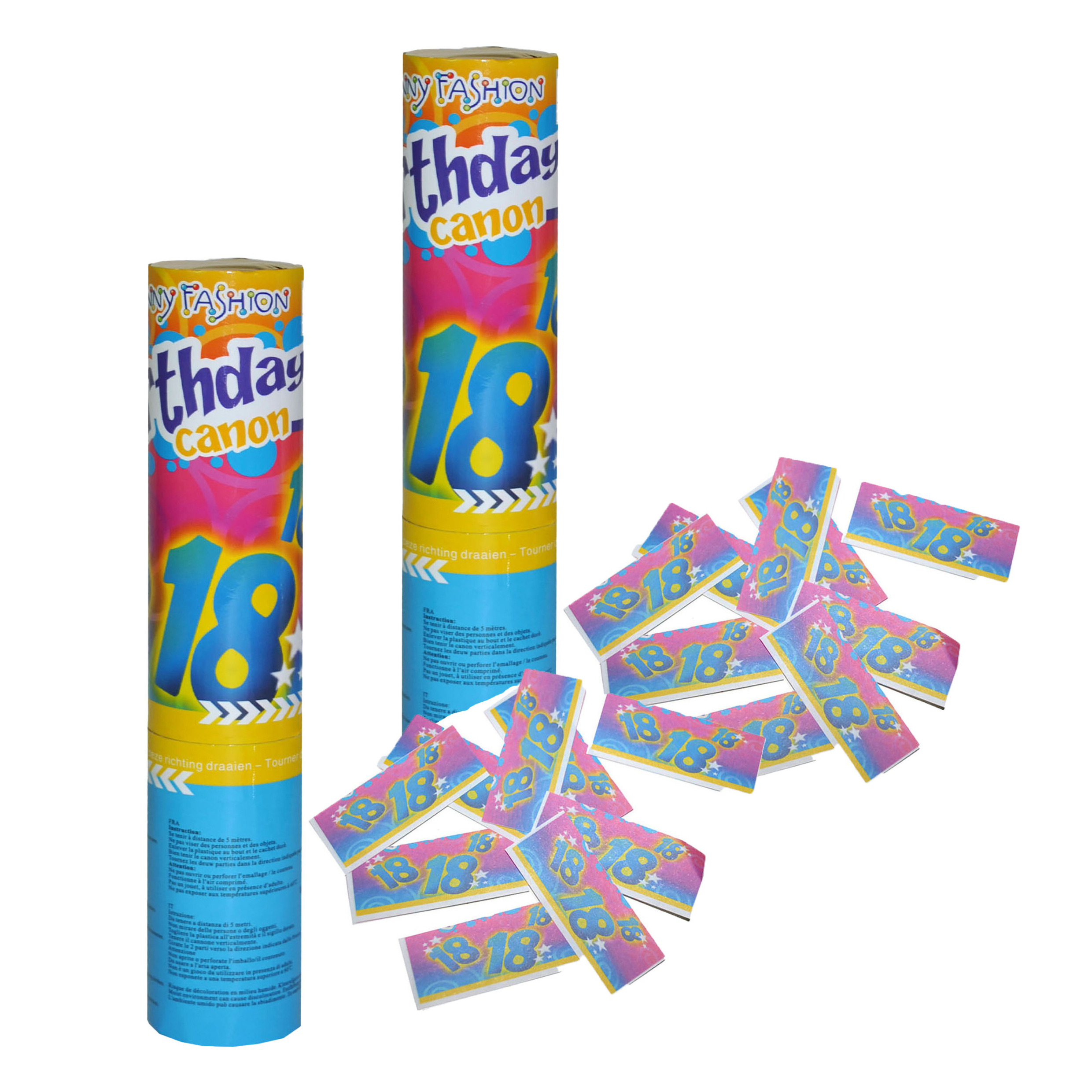 Party popper/confetti shooter - 2x - verjaardag 18 jaar - papier - multi kleuren - 20 cm -