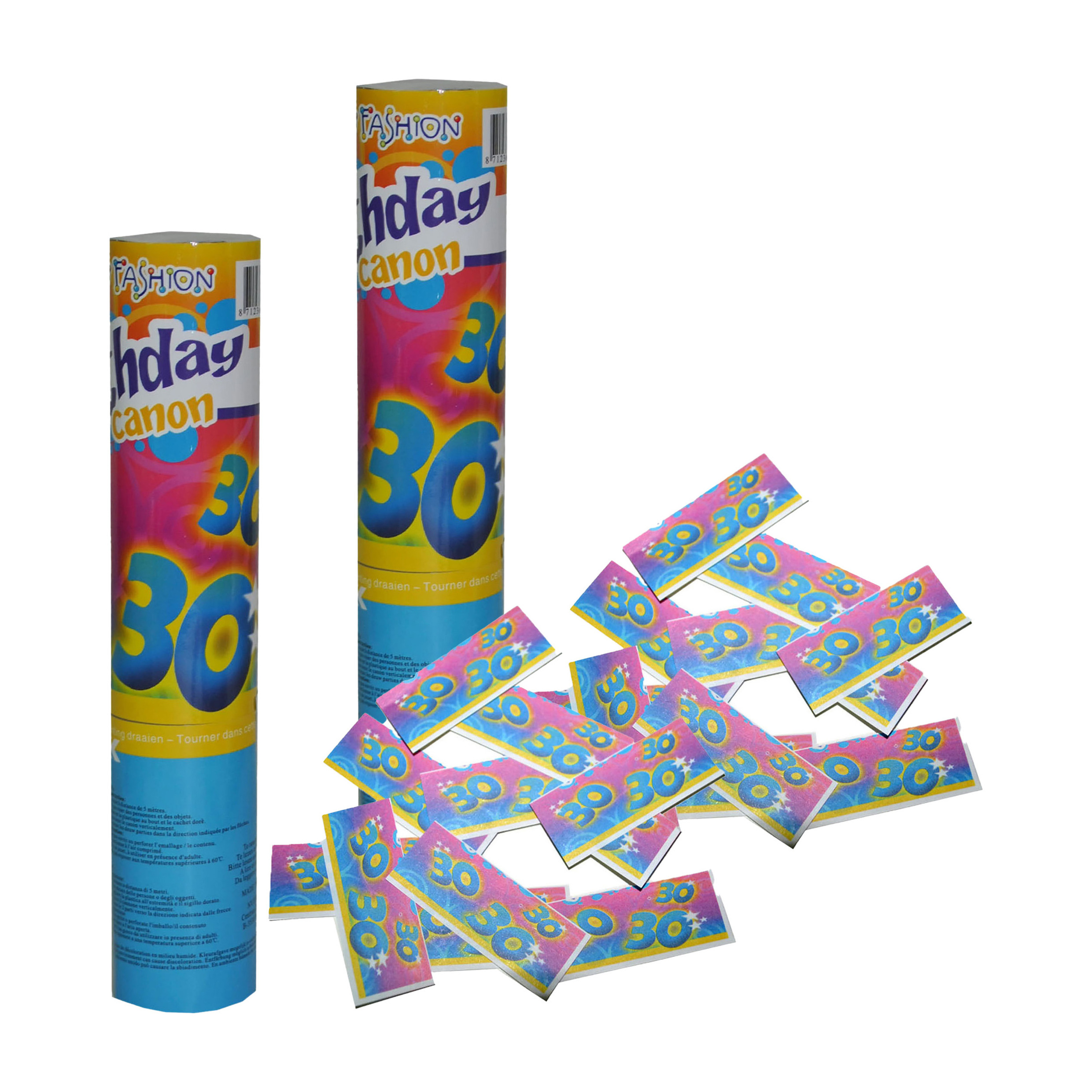 Party popper/confetti shooter - 2x - verjaardag 30 jaar - papier - multi kleuren - 20 cm -
