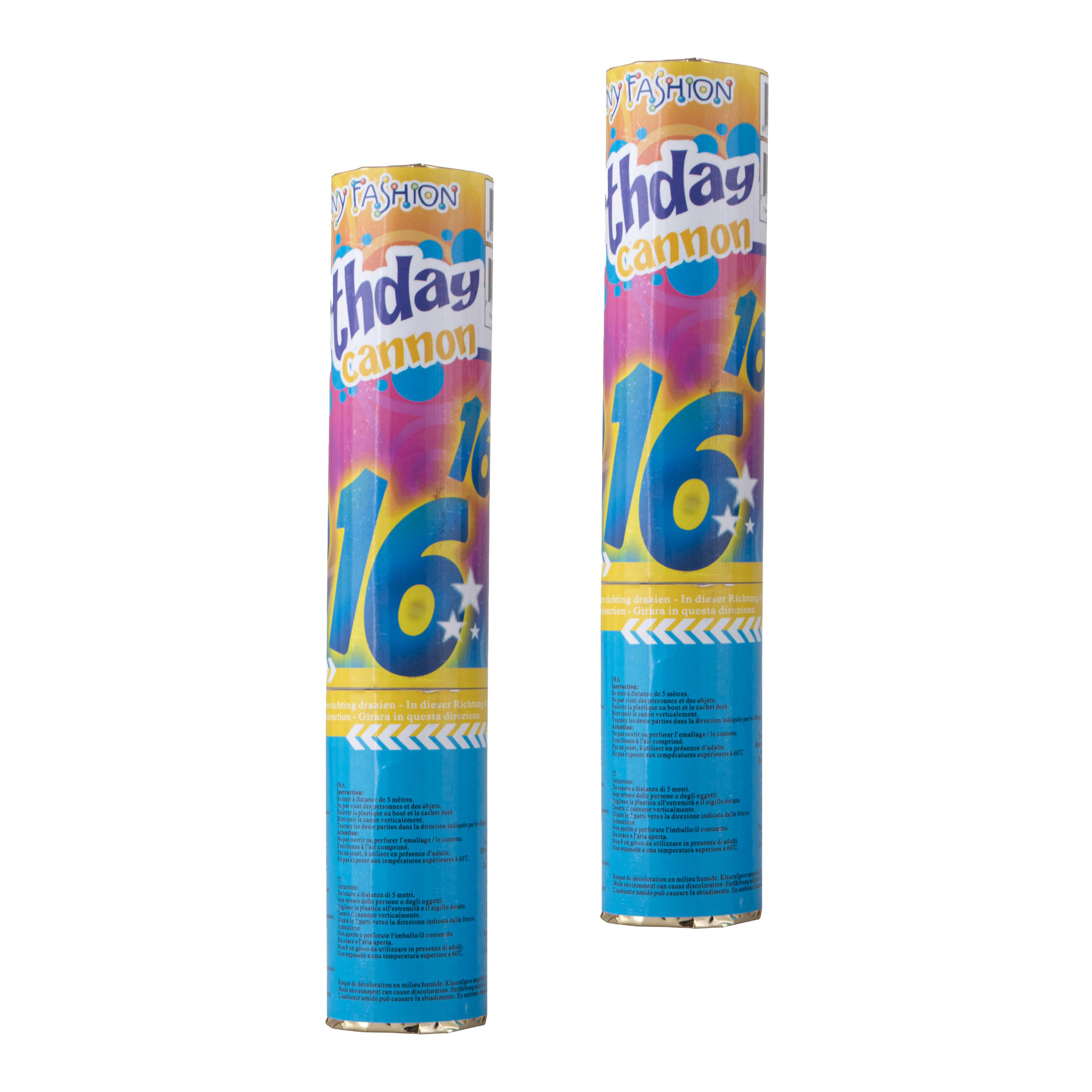 Party popper/confetti shooter - 2x - verjaardag 16 jaar - papier - multi kleuren - 20 cm -