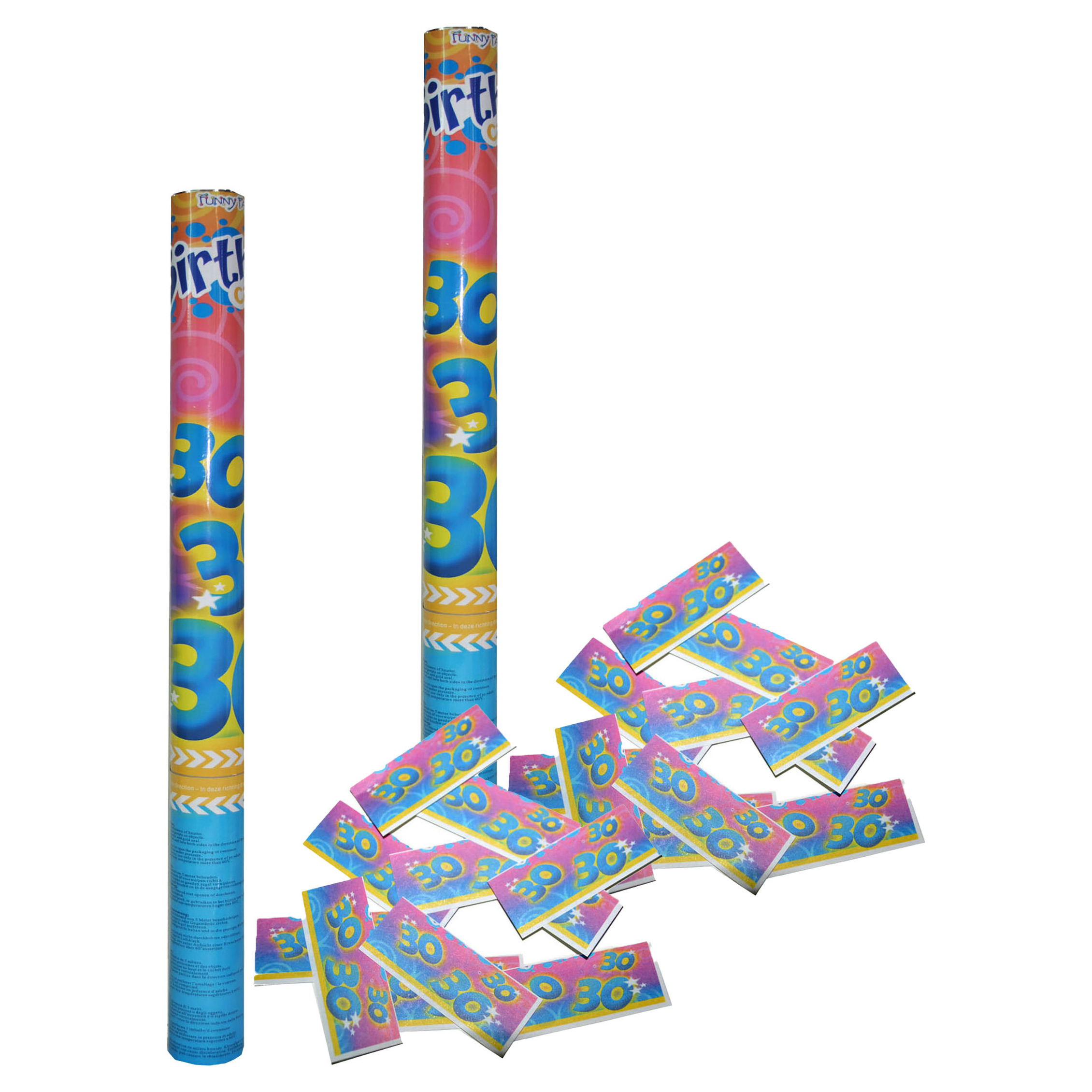 Party popper/confetti shooter - 2x - verjaardag 30 jaar - papier - multi kleuren - 59 cm -