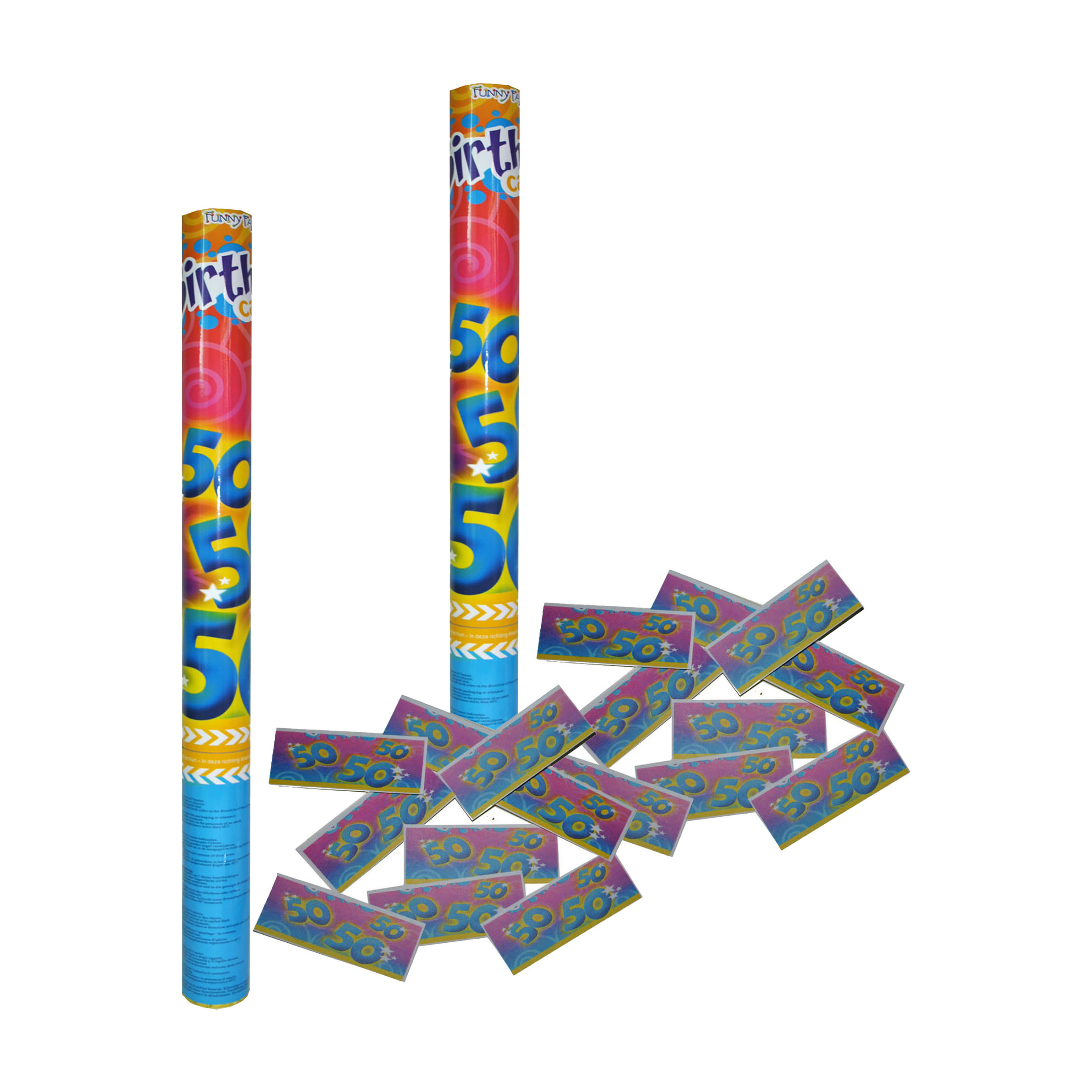 Party popper/confetti shooter - 2x - verjaardag 50 jaar - papier - multi kleuren - 59 cm -