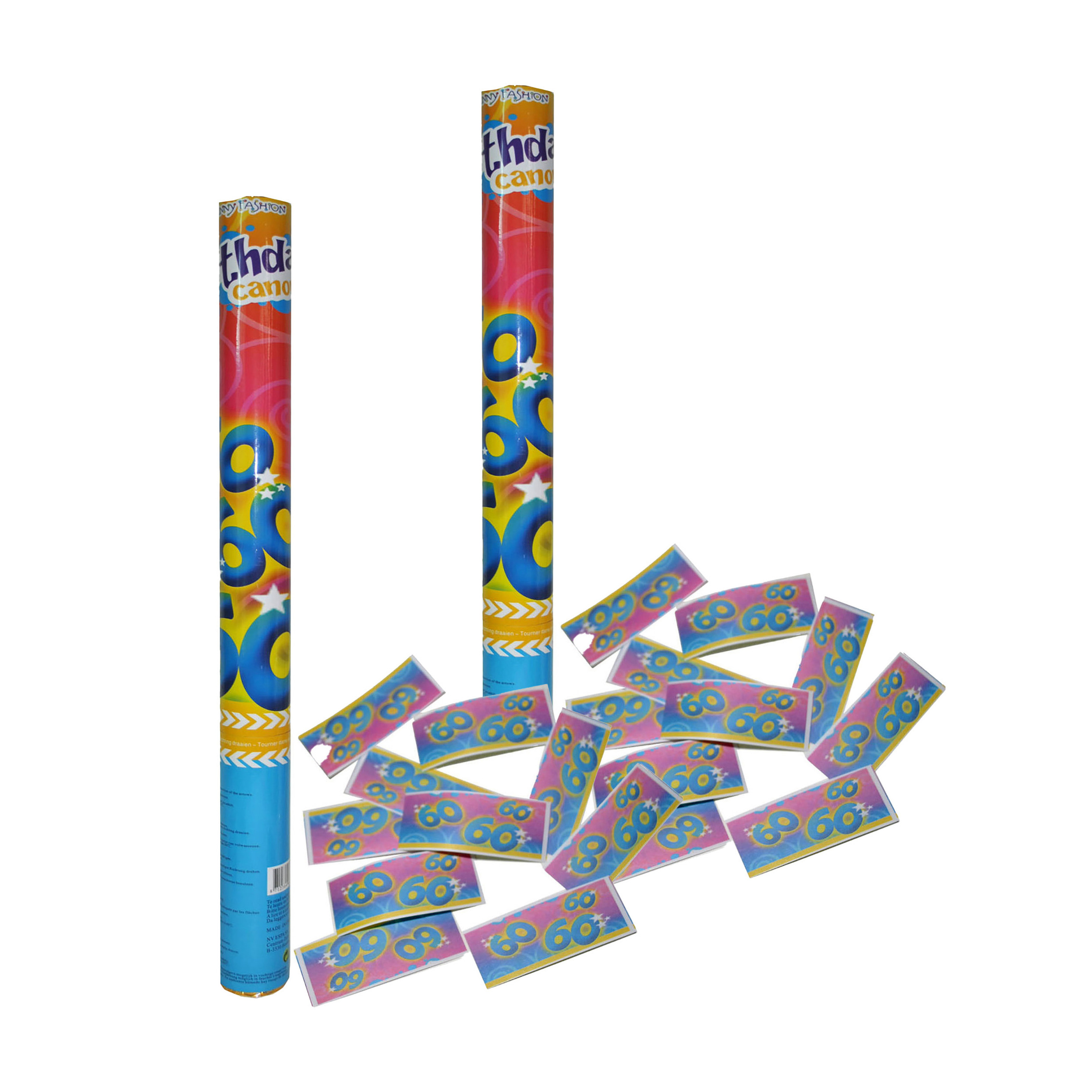 Party popper/confetti shooter - 2x - verjaardag 60 jaar - papier - multi kleuren - 59 cm -