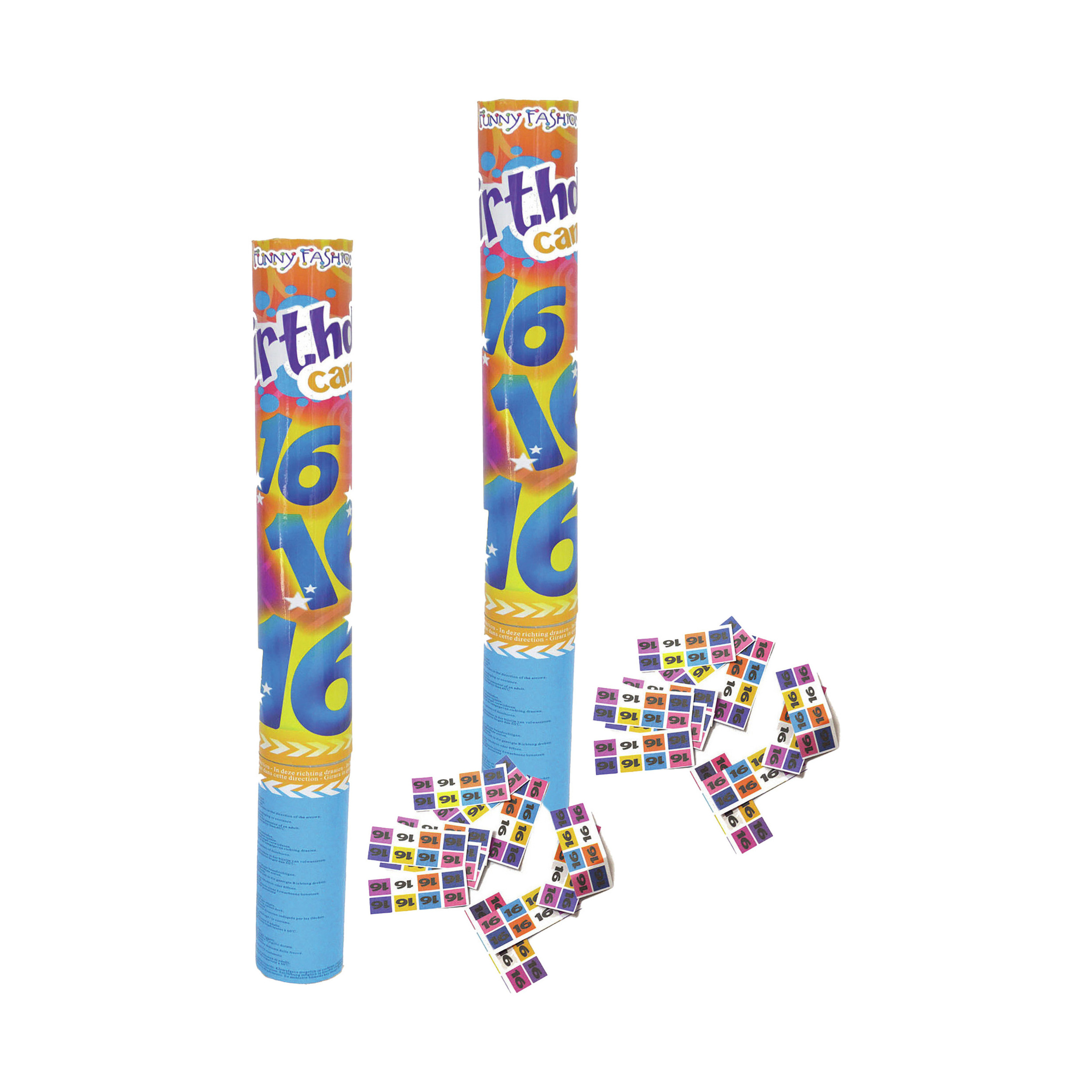 Party popper/confetti shooter - 2x - verjaardag 16 jaar - papier - multi kleuren - 40 cm -