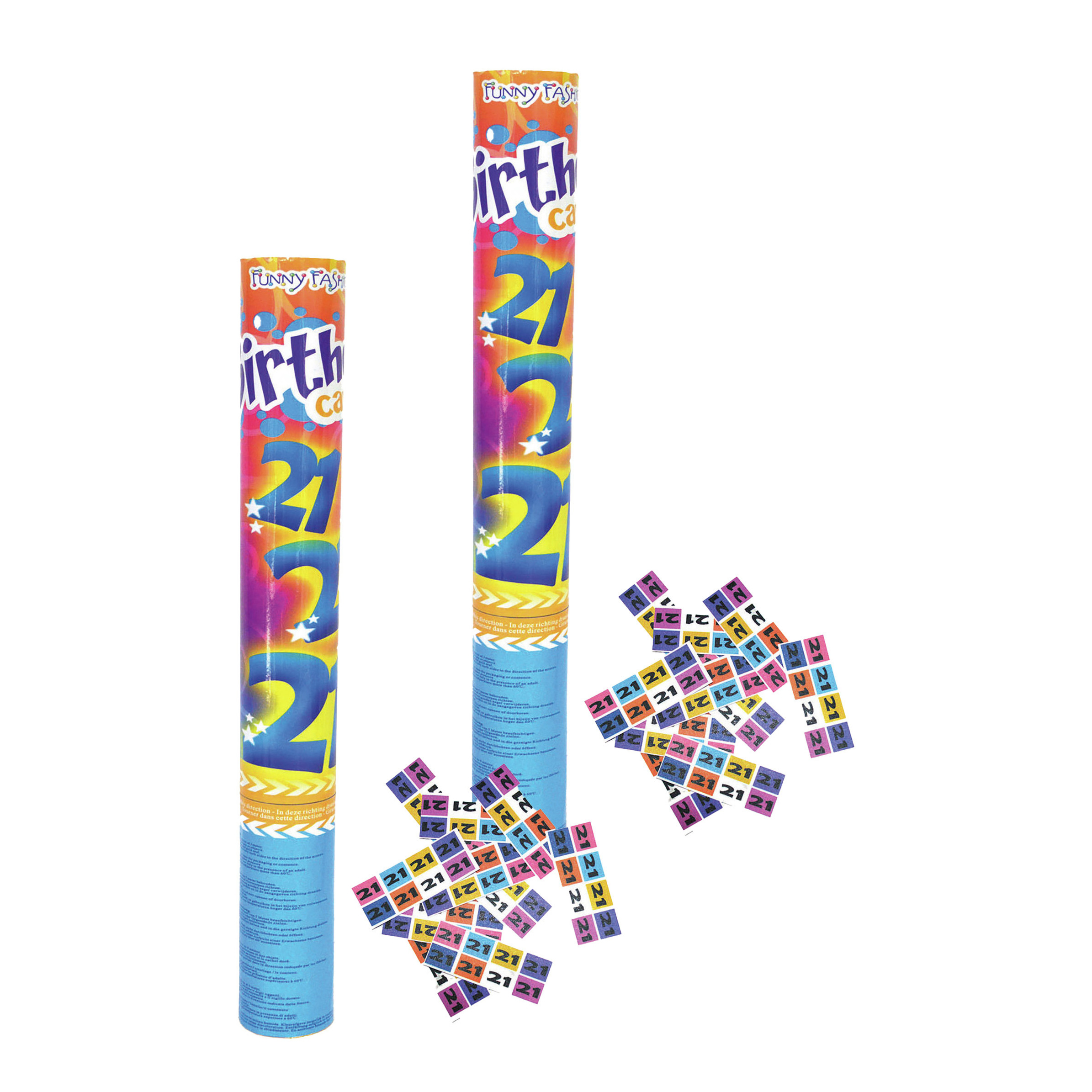 Party popper/confetti shooter - 2x - verjaardag 21 jaar - papier - multi kleuren - 40 cm -