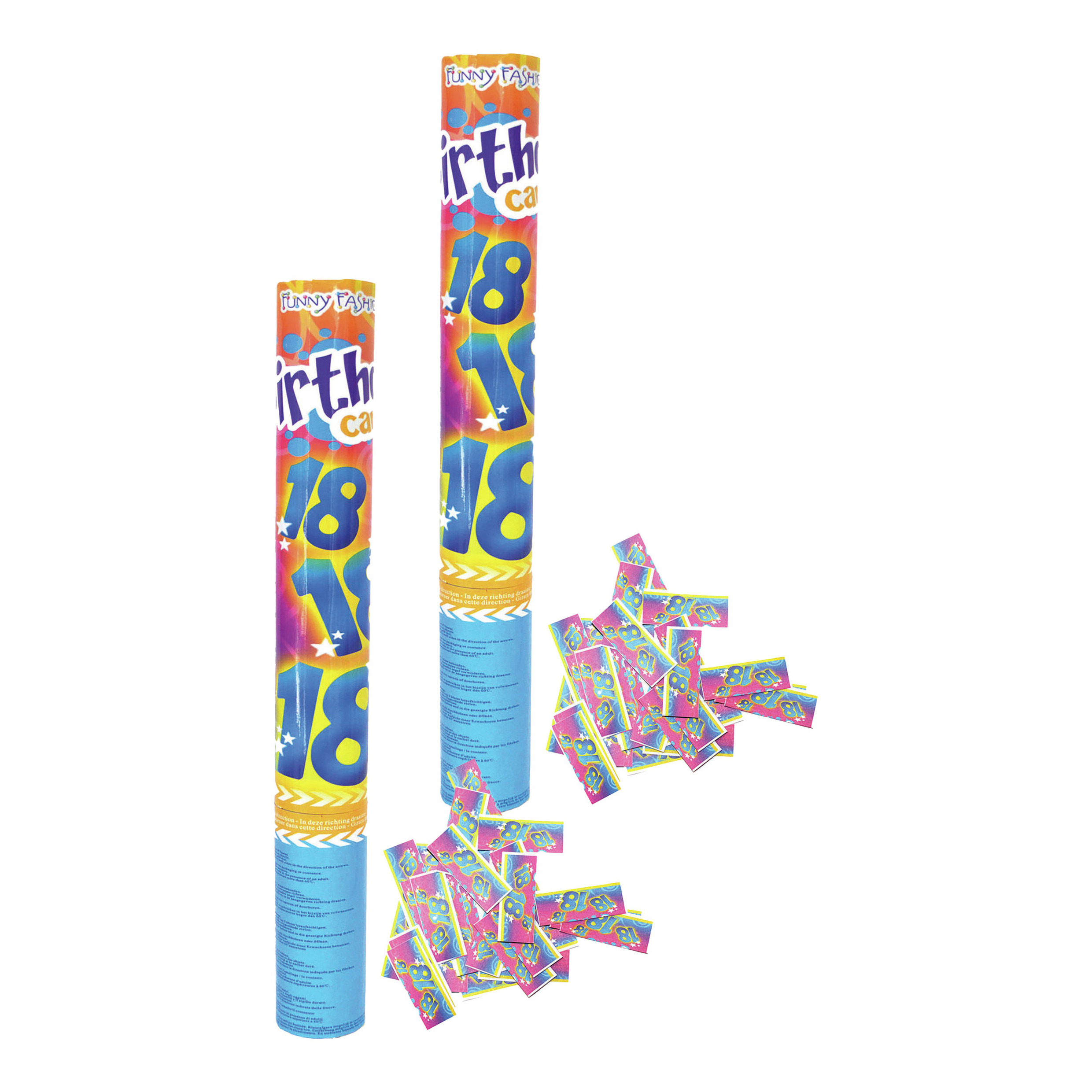 Party popper/confetti shooter - 2x - verjaardag 18 jaar - papier - multi kleuren - 40 cm -