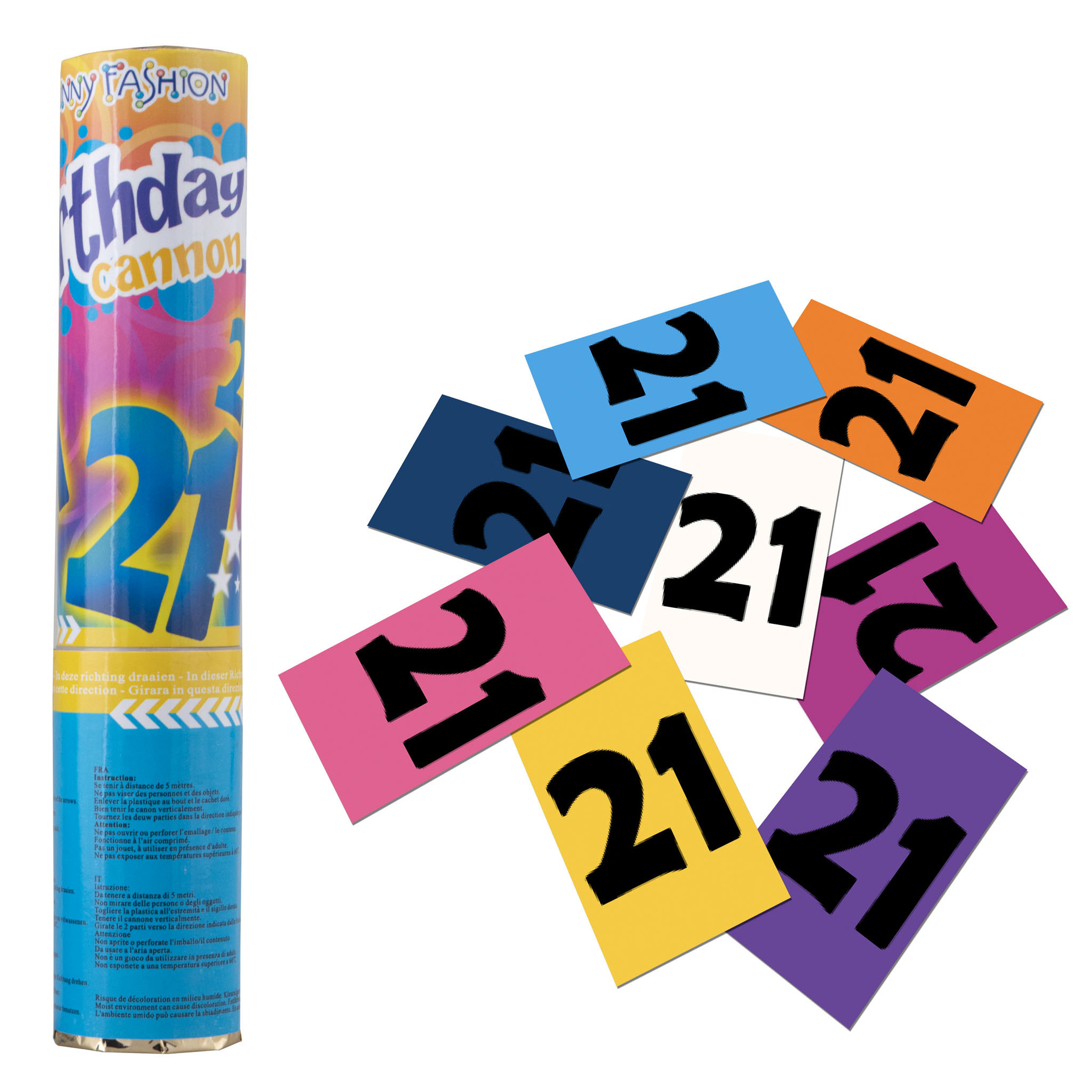 Party popper/confetti shooter - verjaardag 21 jaar - papier - multi kleuren - 20 cm -