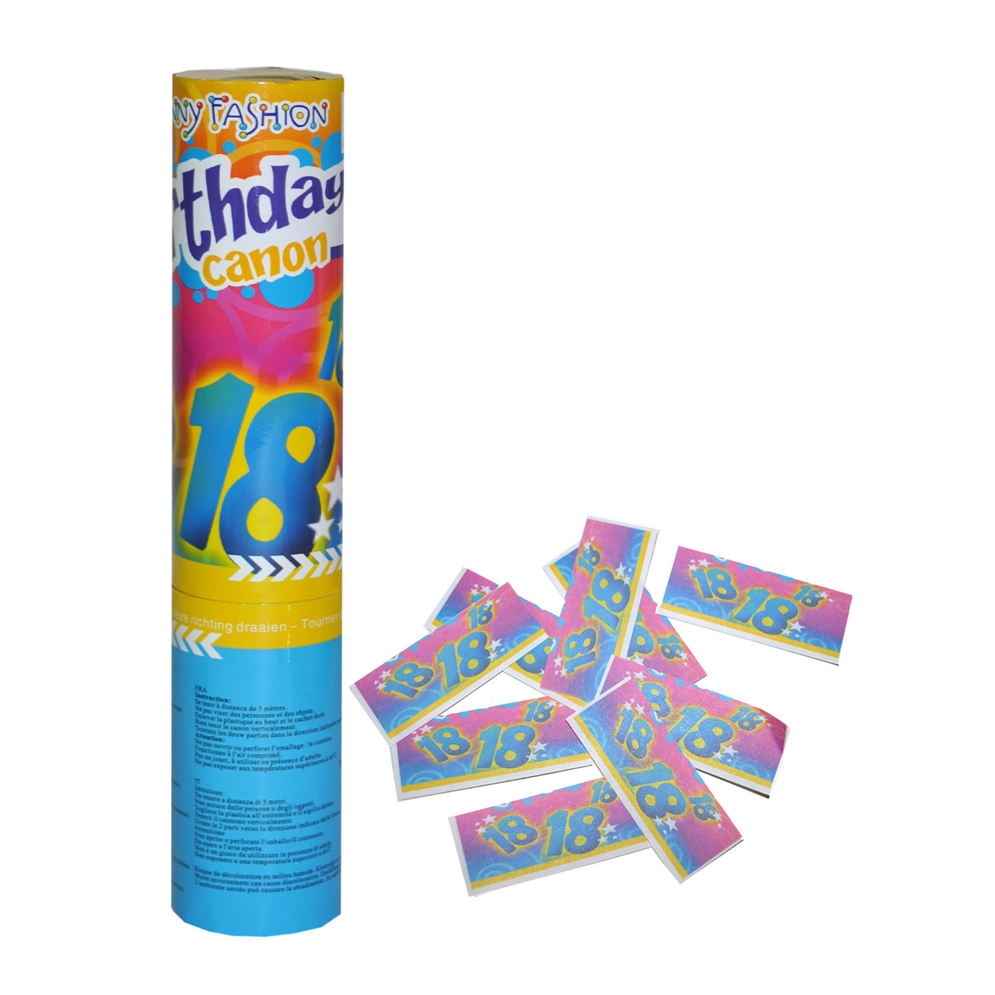Party popper/confetti shooter - verjaardag 18 jaar - papier - multi kleuren - 20 cm -