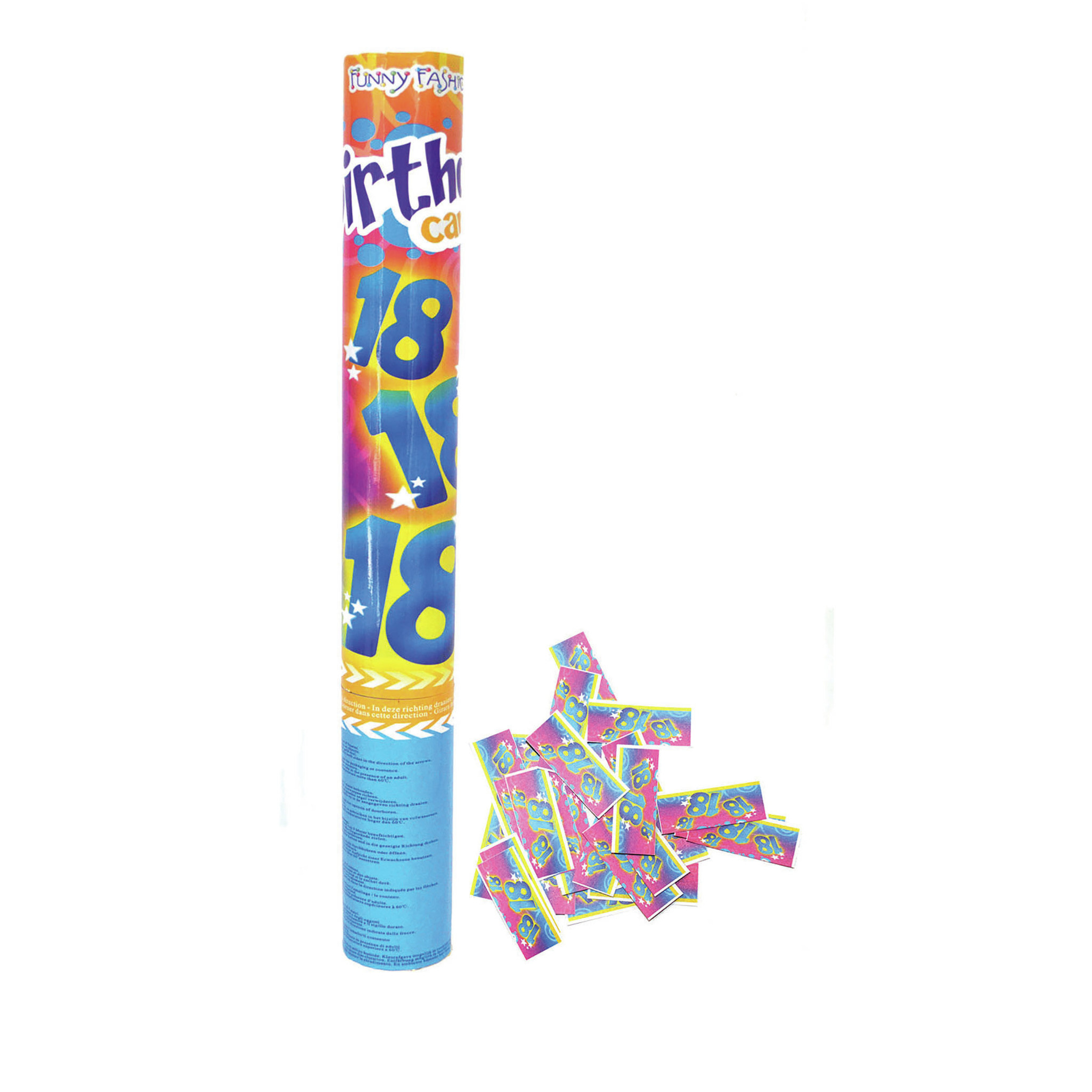 Party popper/confetti shooter - verjaardag 18 jaar - papier - multi kleuren - 40 cm -