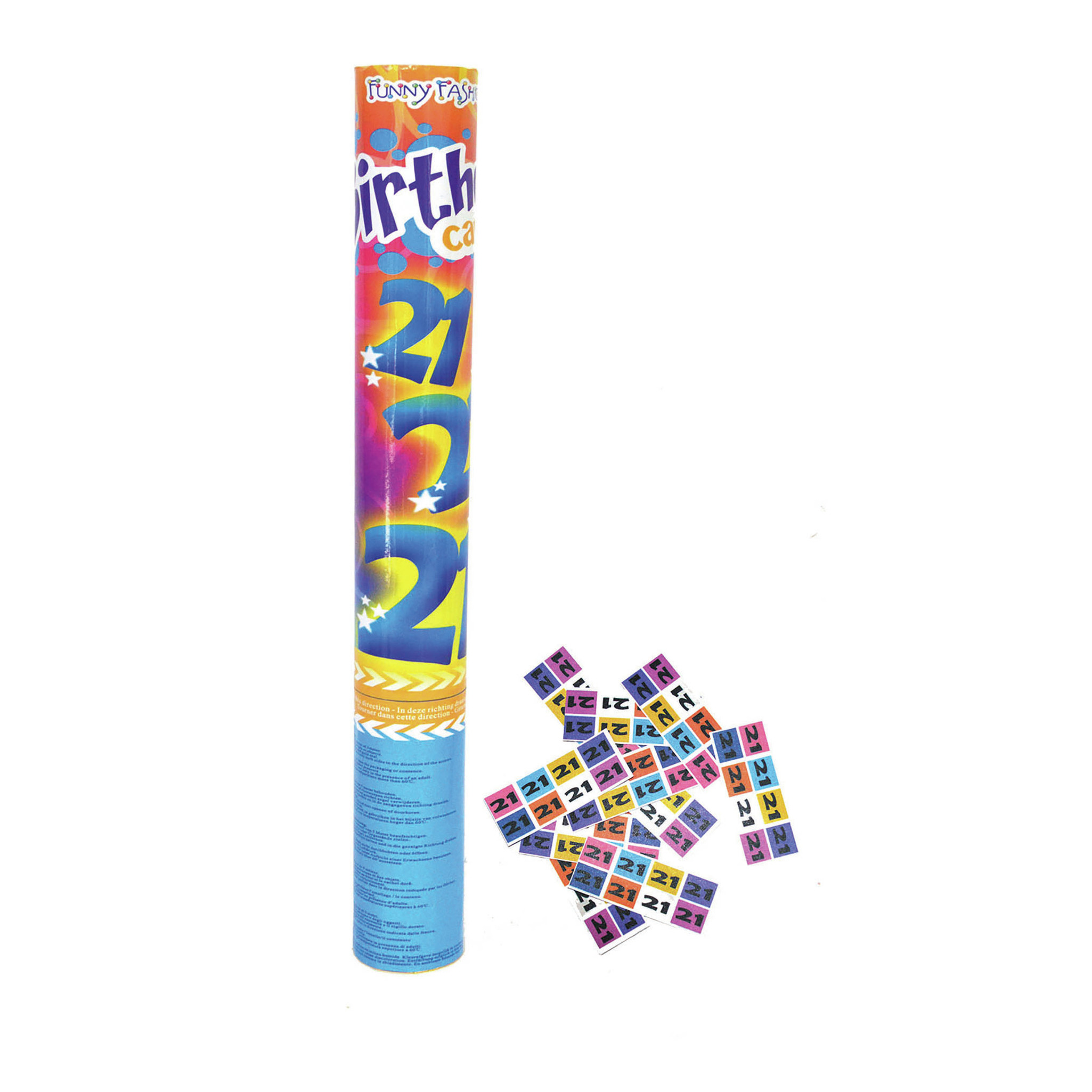 Party popper/confetti shooter - verjaardag 21 jaar - papier - multi kleuren - 40 cm -