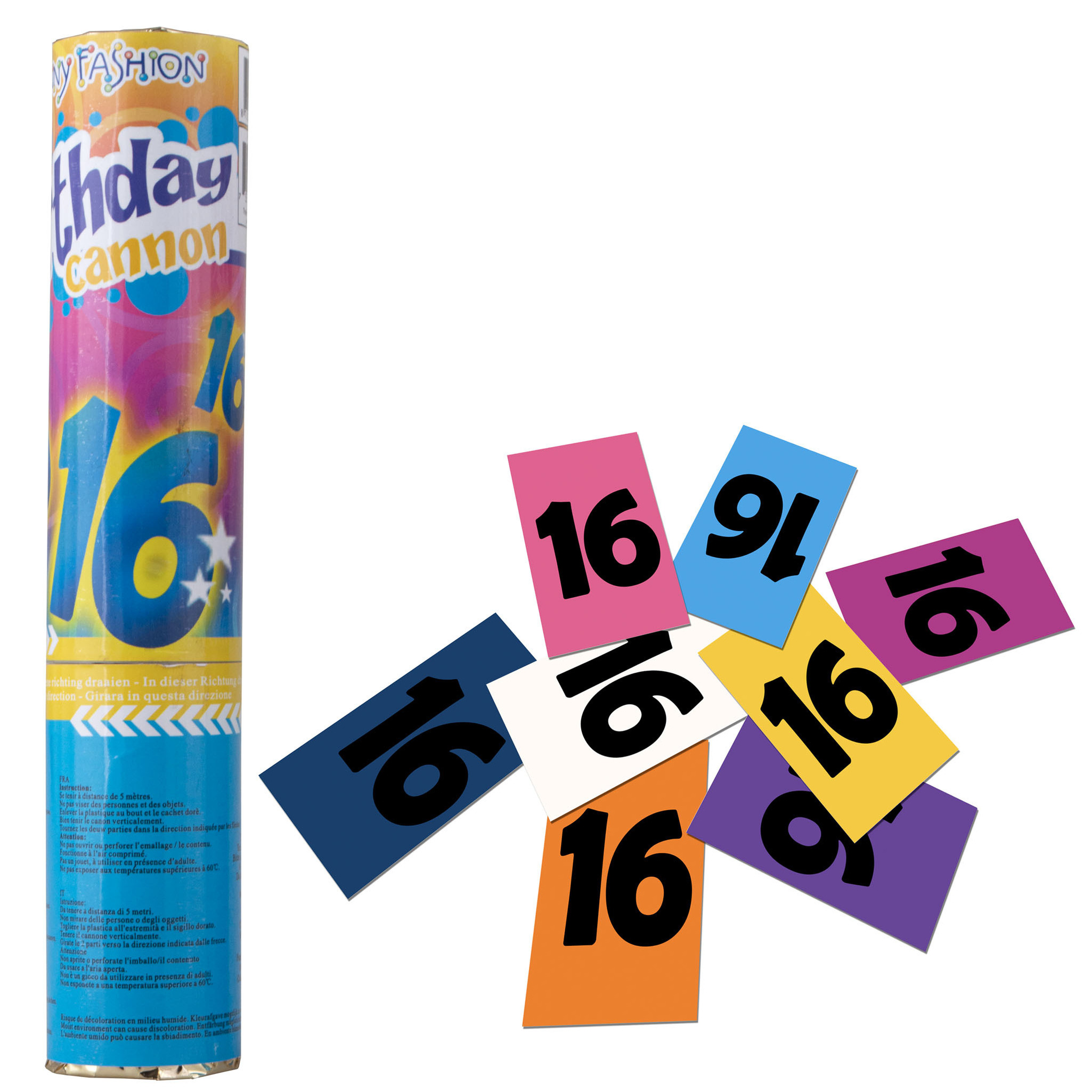 Party popper/confetti shooter - verjaardag 16 jaar - papier - multi kleuren - 20 cm -