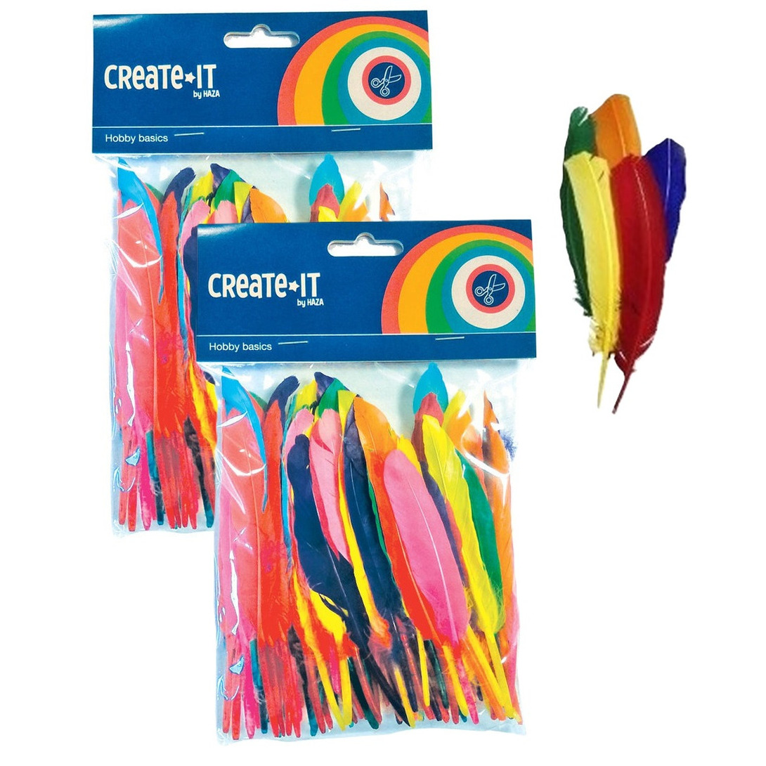 Gekleurde knutsel veertjes - set 200x - Hobby/decoratie sierveren - Knutselen - formaat 14 cm -