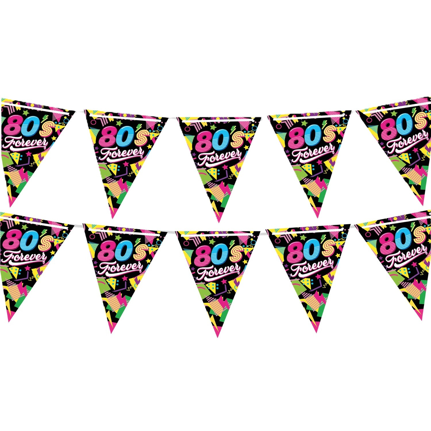 Vlaggenlijn slinger met Eighties print - 2x - 300 cm - karton - Jaren 80/eighties thema -