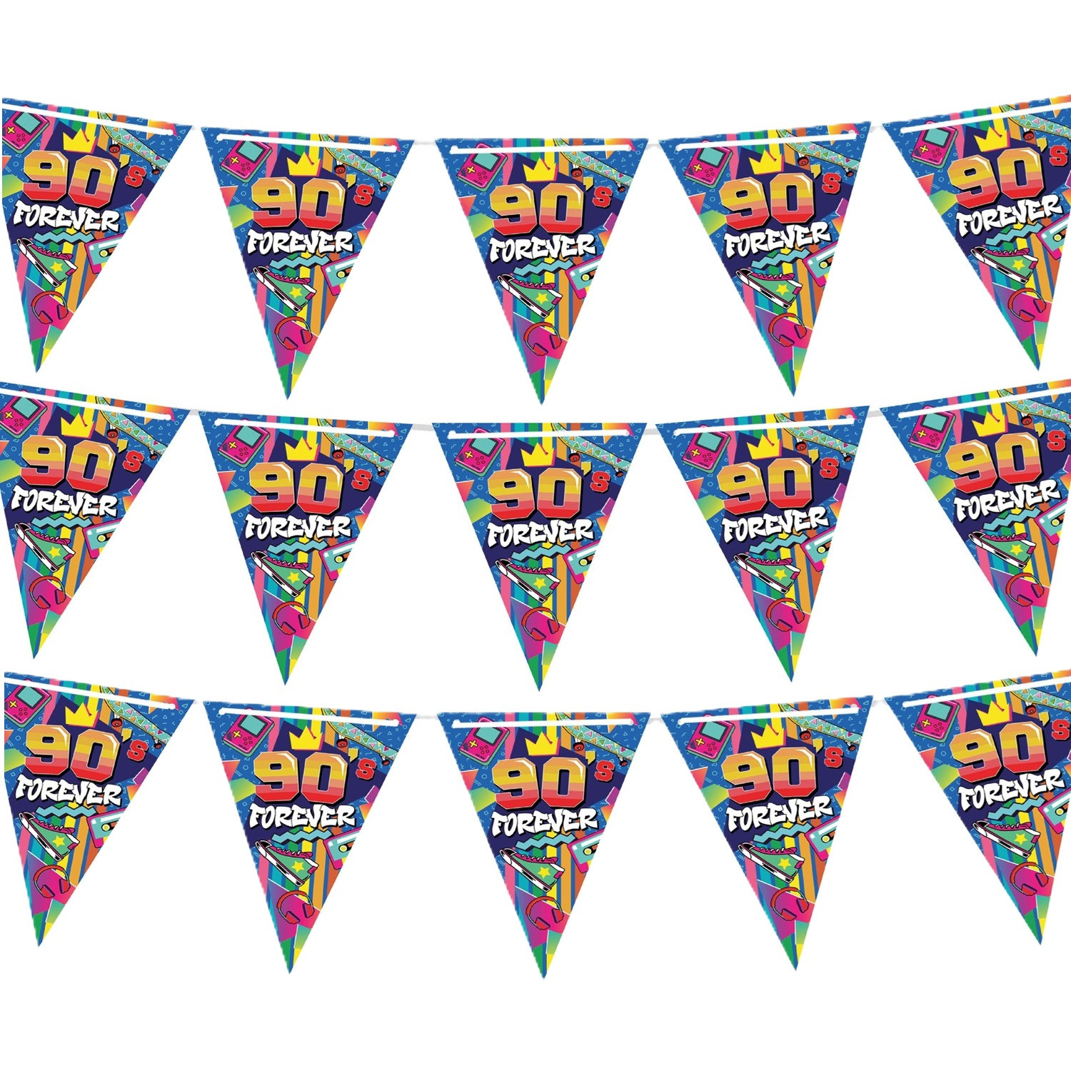 Vlaggenlijn slinger met Nineties print - 3x - 300 cm - karton - Jaren 90/Nineties thema -